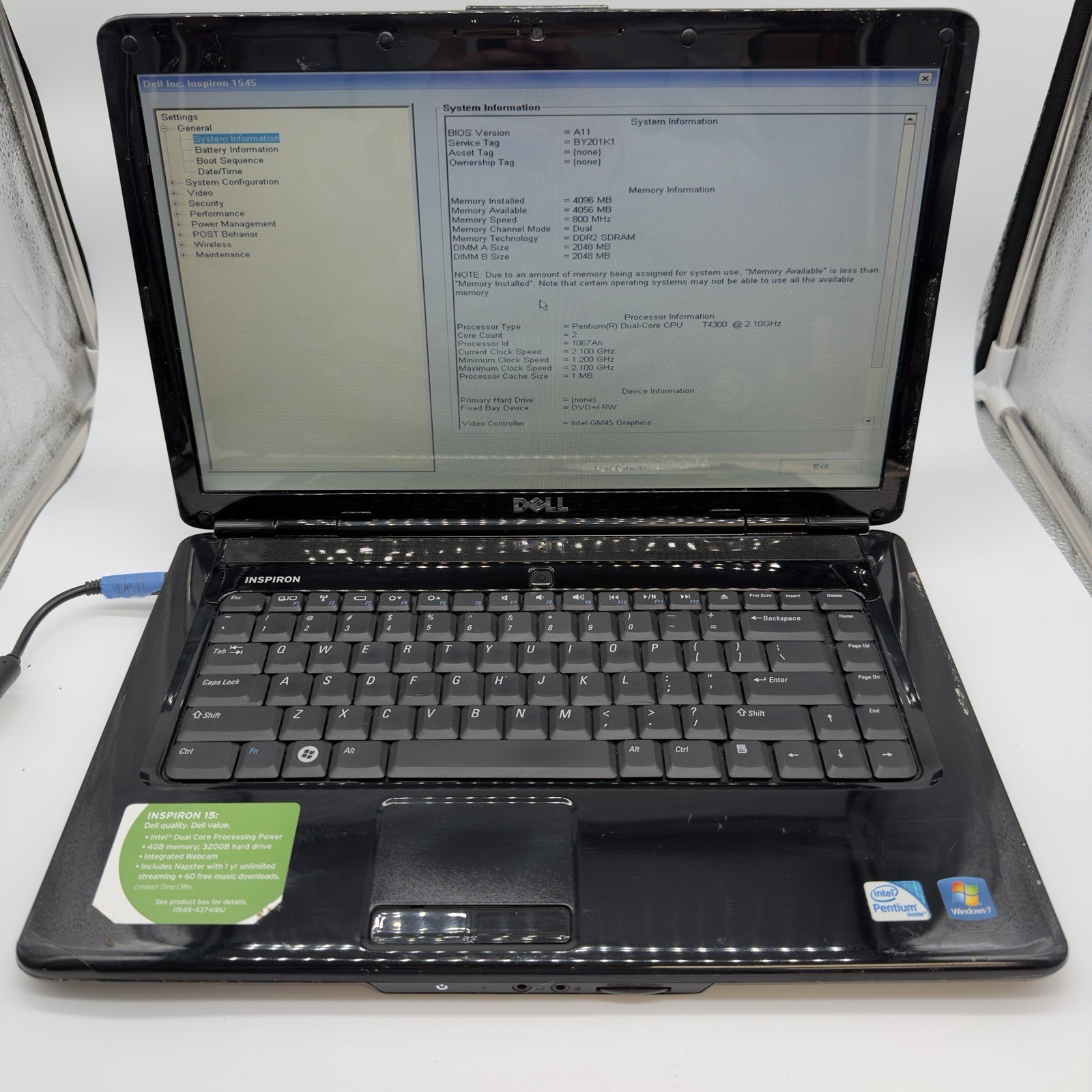Dell Inspiron 1545 Intel Pentium Dual-Core T4300 2.1GHz No HDD, Bad Batt L18