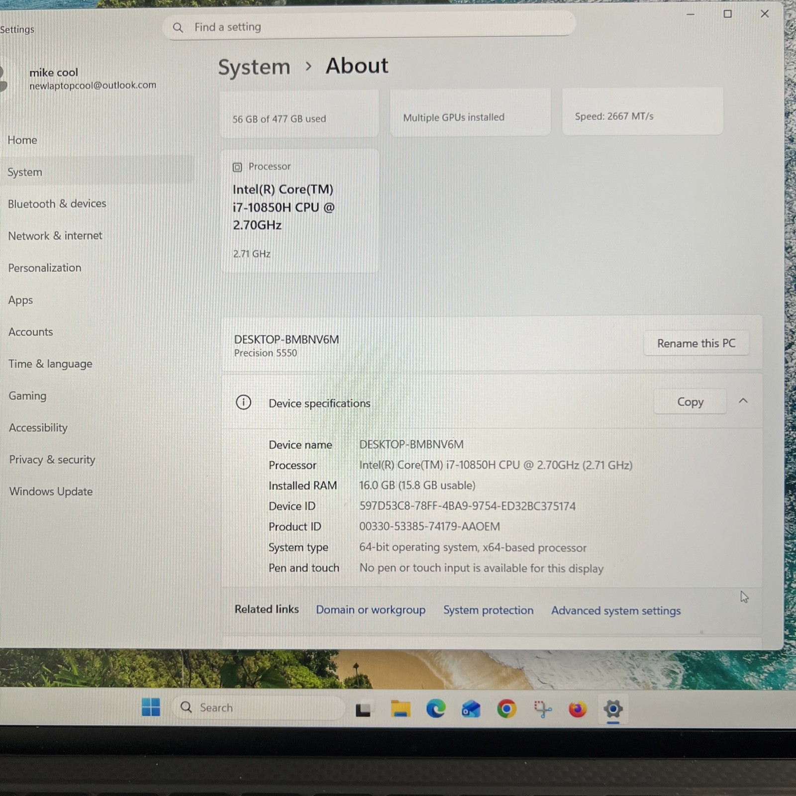 Dell Precision 5550 I7-10750H @ 2.60GHZ 512GB SSD 16GB Ram Windows 11 Pro