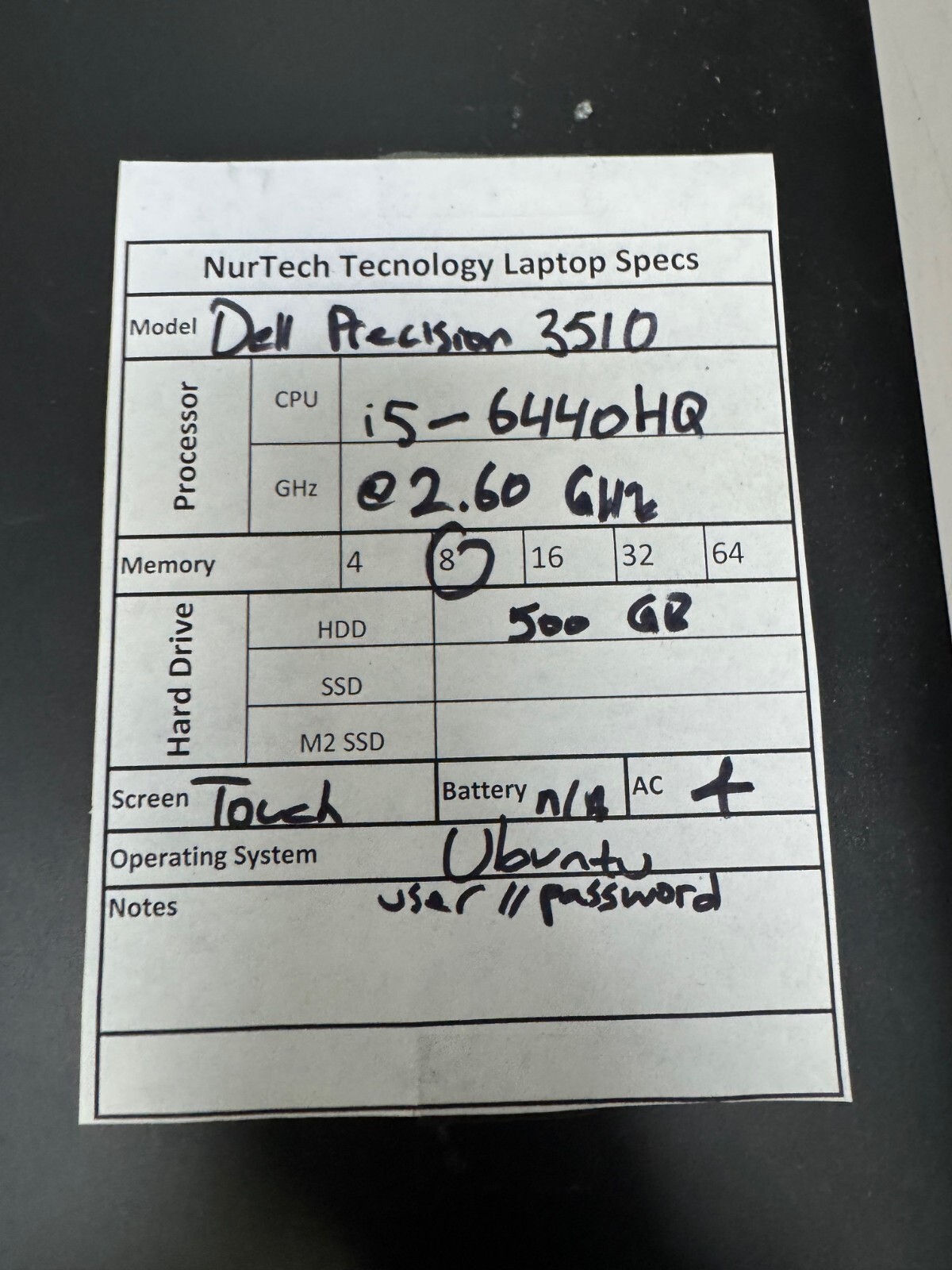 Dell Precision 3510 15.6″ i5 2.6GHz 8GB/500GB UBUNTU ‘TOUCH’ Laptop +AC[No BTRY]