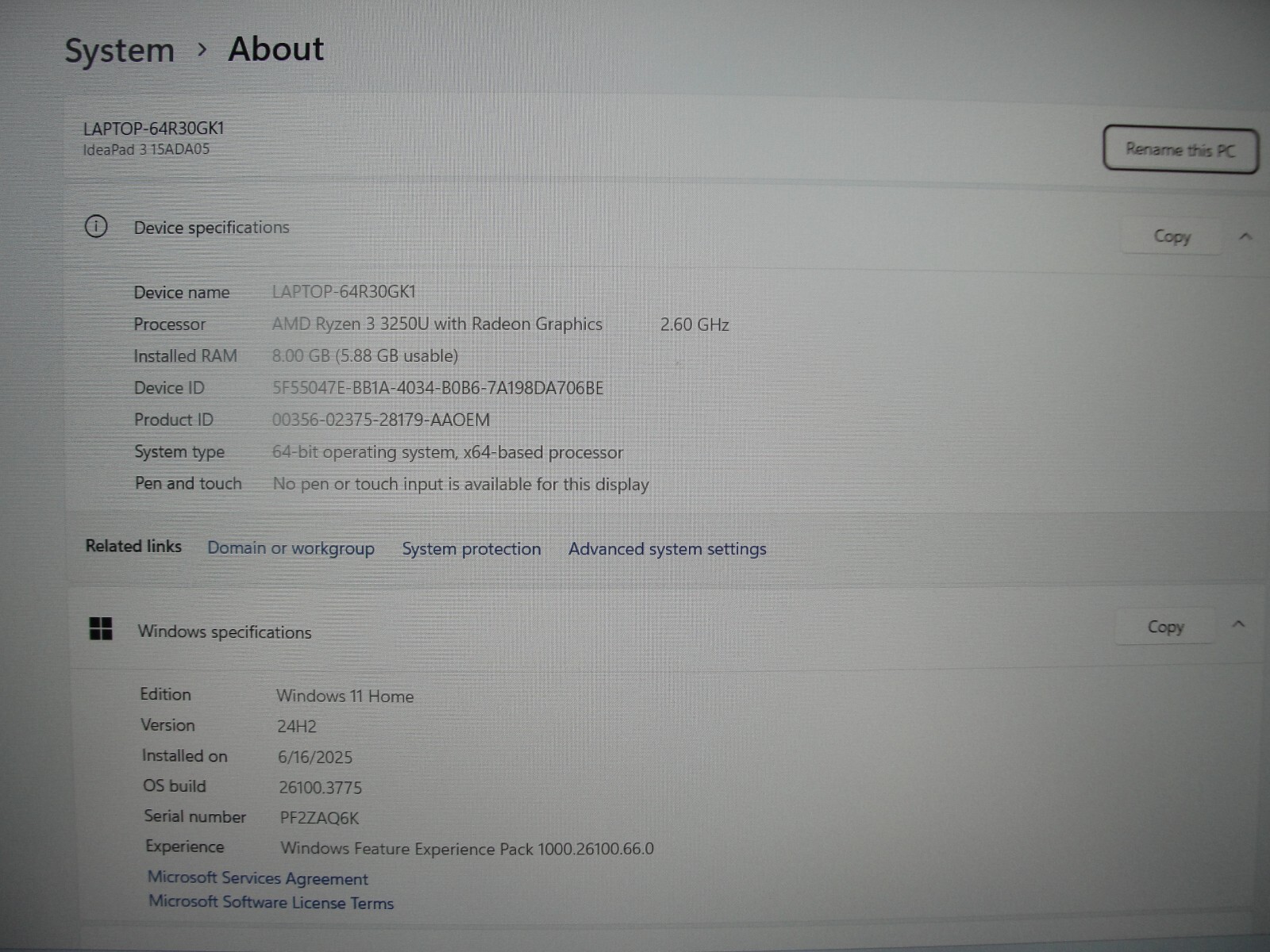 Lenovo IdeaPad 3 15ADA05 15.6” FHD AMD Ryzen 3 3250U 2.6GHz 8GB 128GB SSD