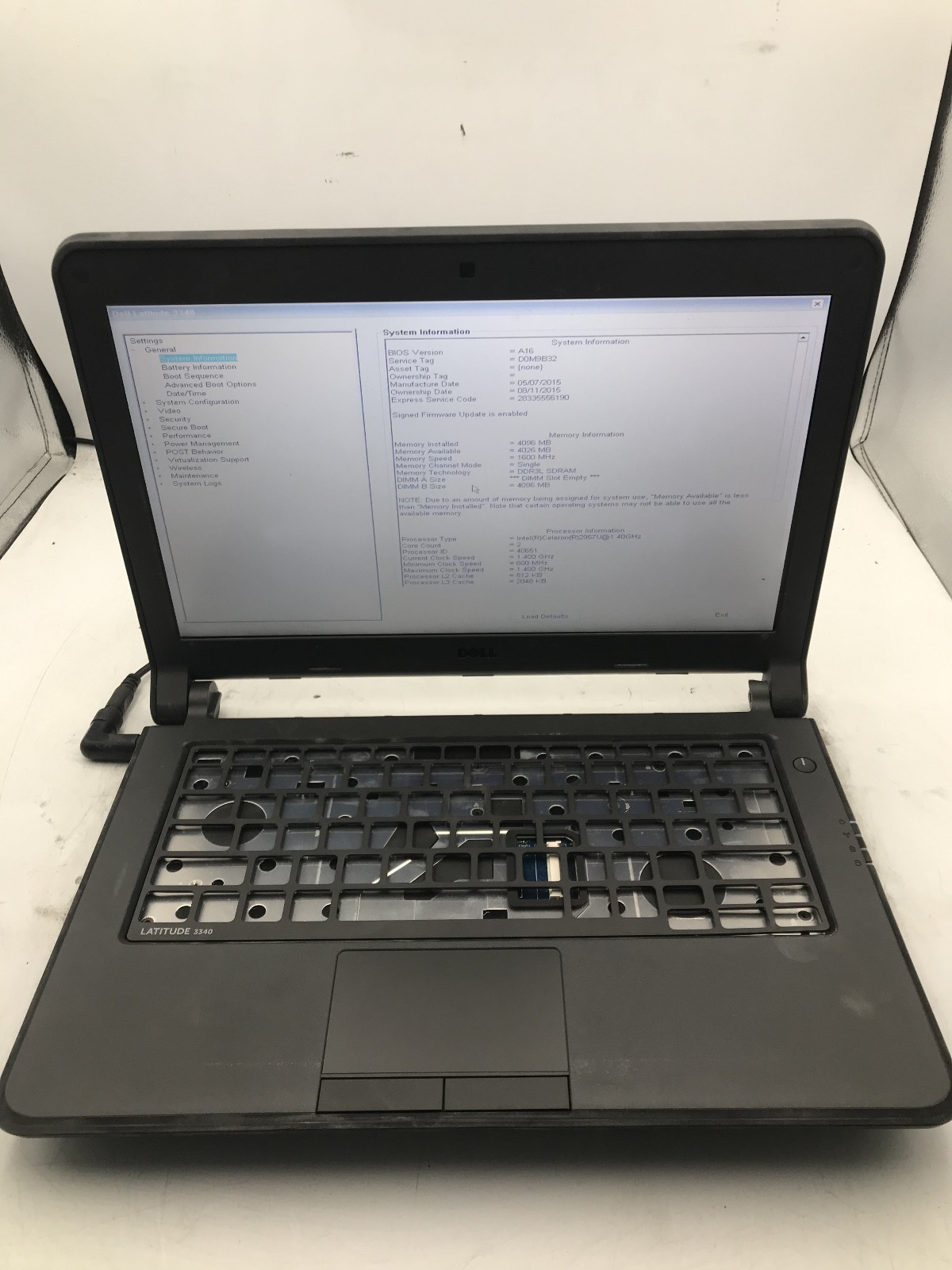 DELL LATITUDE 3340 -BOOTS TO BIOS- INTEL CELERON 2957U – NO RAM – READ DESC – BB