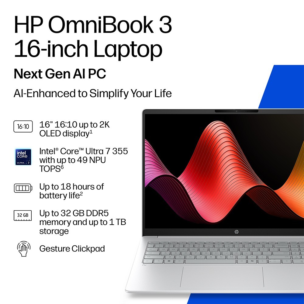 HP OmniBook 3 16″ Laptop AI Intel Core Ultra 7 255U 16GB 512GB SSD