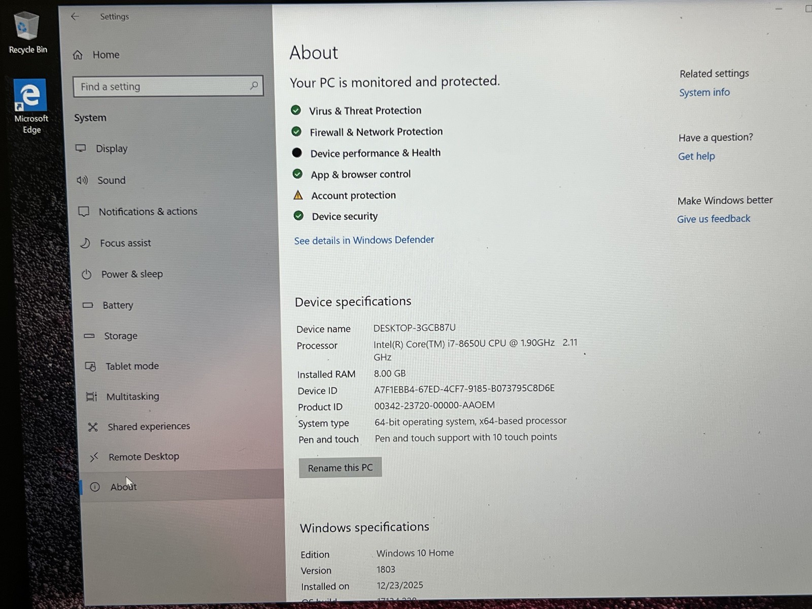 Microsoft Surface Laptop 2 Black 13.5” i7-8650U 2.11GHz 8GB 256GB SSD Model 1769