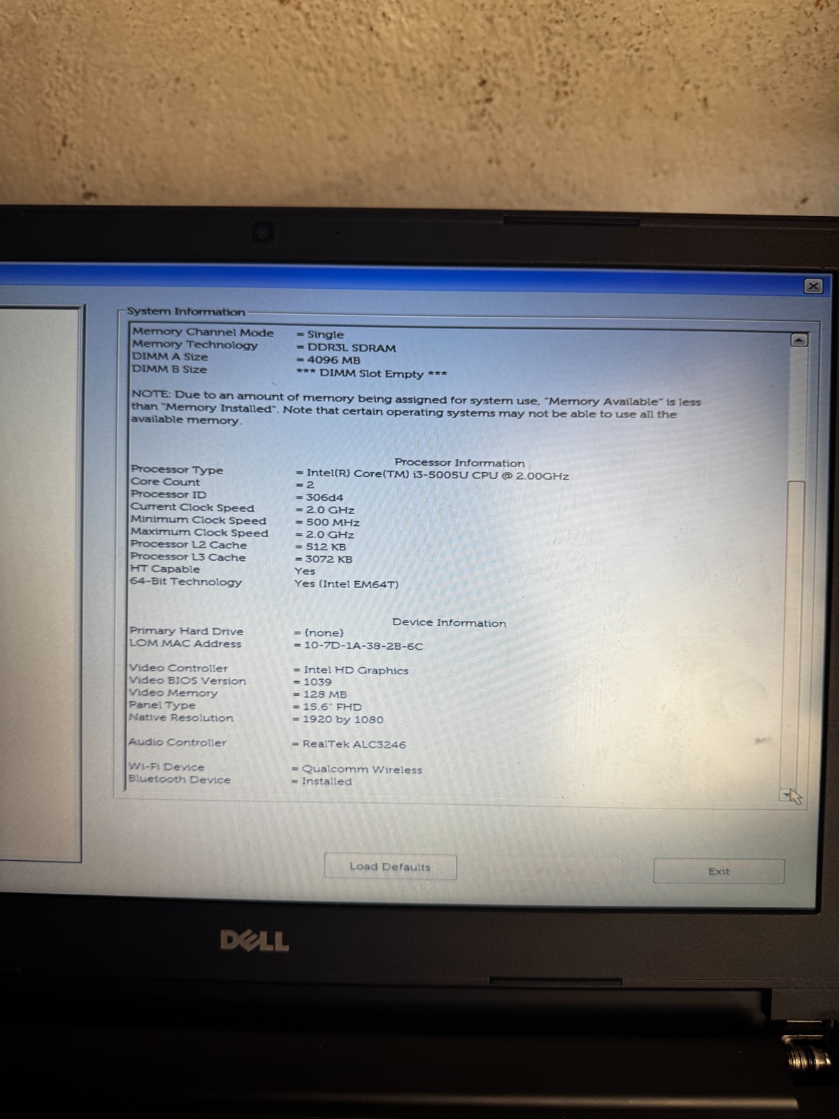 Dell Latitude 3560 Core I3-5005U Laptop For Repair #6399