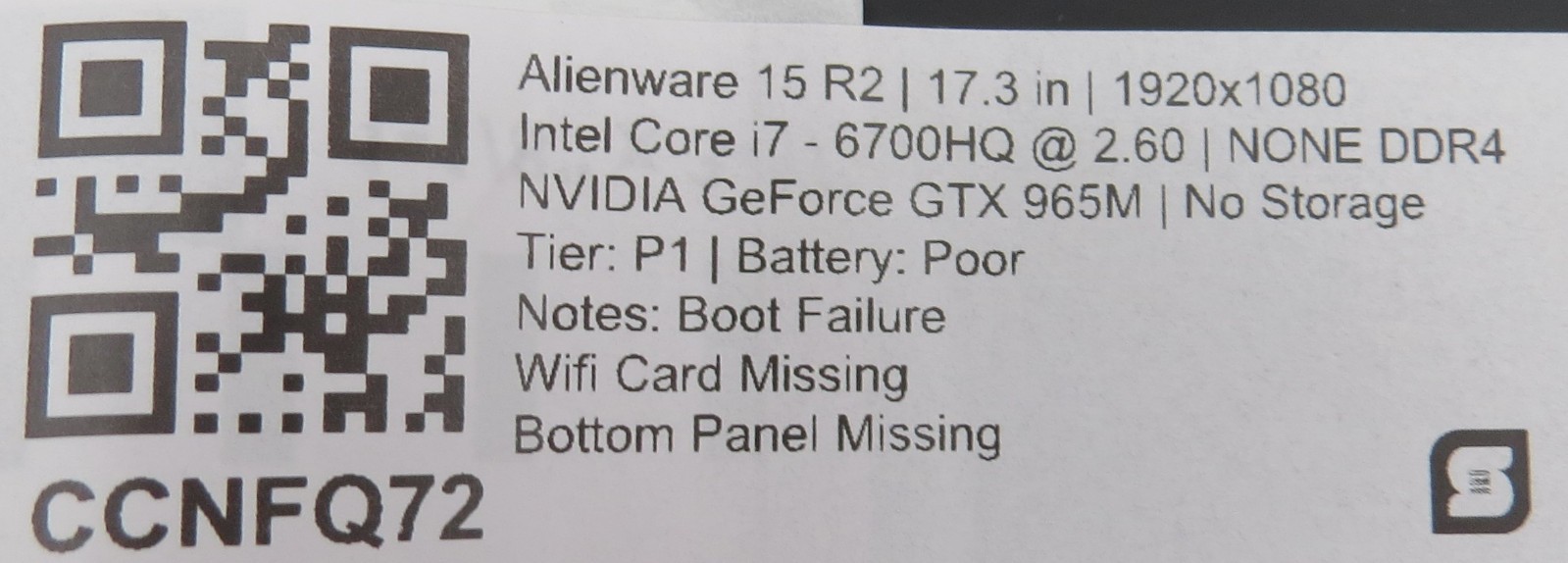 Alienware 15 R2 | i7-6700HQ @ 2.6GHz | GeForce GTX 965M | No RAM/HDD/OS/AC PARTS
