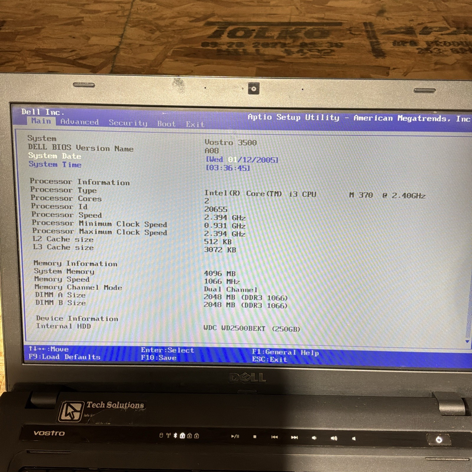Dell Vostro 3500 Intel Core i3 360M 15″ 4GB RAM 250GB HDD-BOOTS BIOS C275