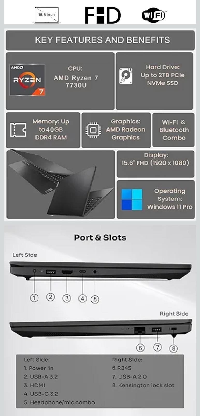 Lenovo V-Series V15 Business Laptop, 15.6″ FHD Display, AMD Ryzen 7 7730U, 40GB