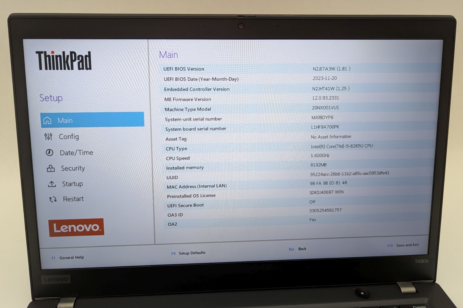 Lenovo ThinkPad T490s 14″ Laptop i5-8265U 1.60GHz 8GB RAM 256GB NVMe Windows 11