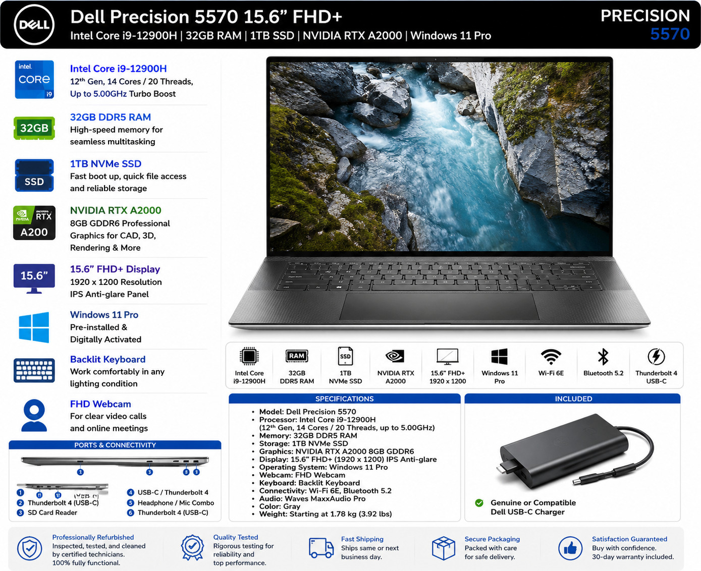 Dell Precision 5570 15.6″ FHD+ i9-12900H 32GB 1TB SSD RTX A2000 Windows 11 Pro