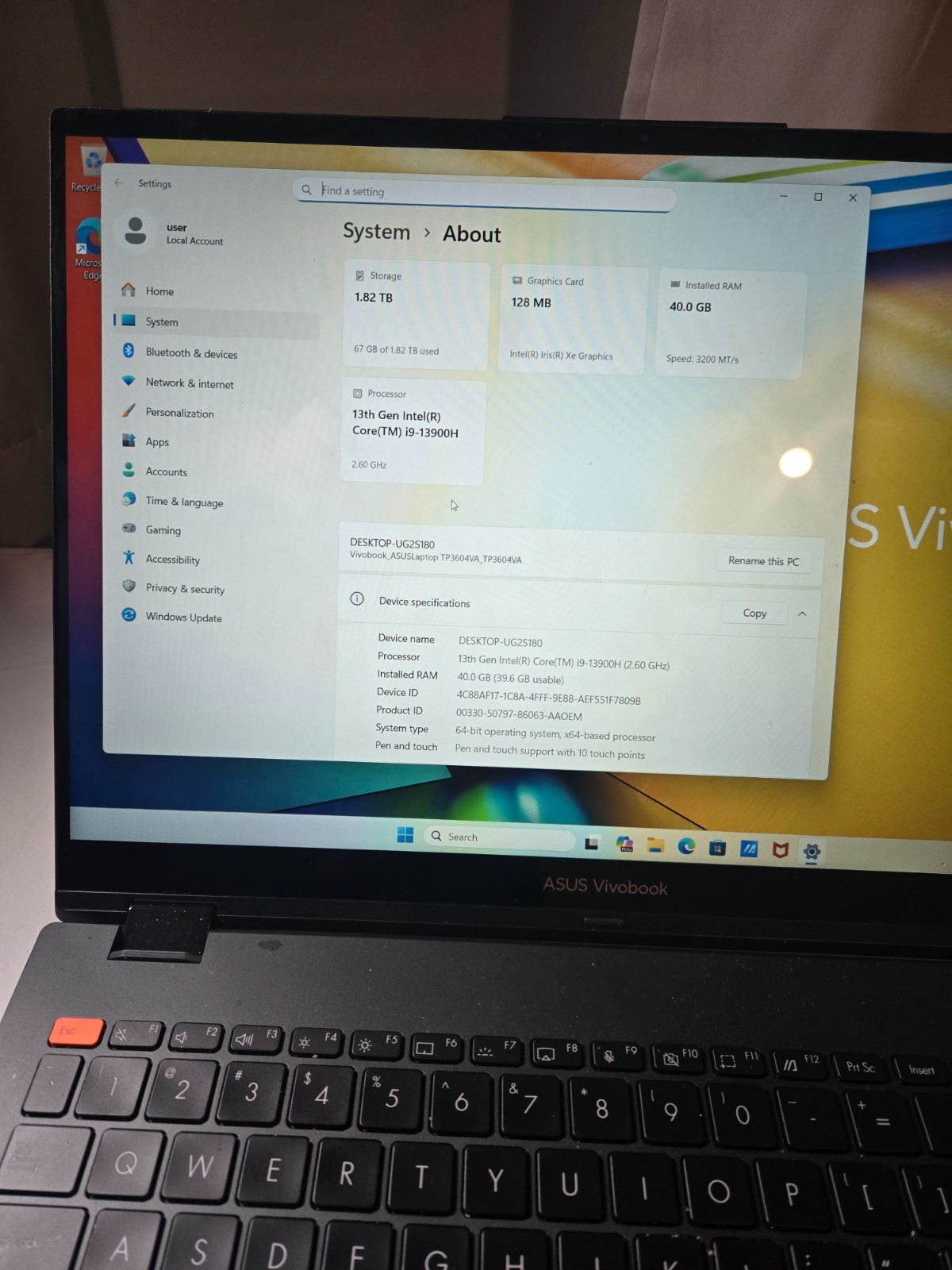 Asus Vivobook 16 s 40GB Ram 2TB storage, Intel Core i9 13th gen with charger