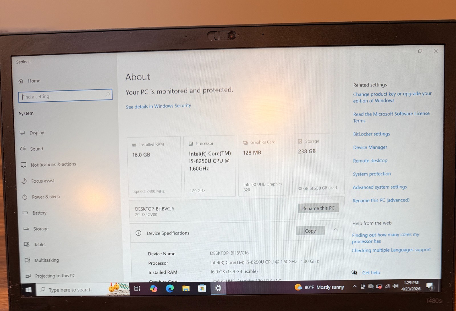 Lenovo ThinkPad T490s Thin and Light 14″ Laptop Intel i5 8 GB RAM 256GB SSD