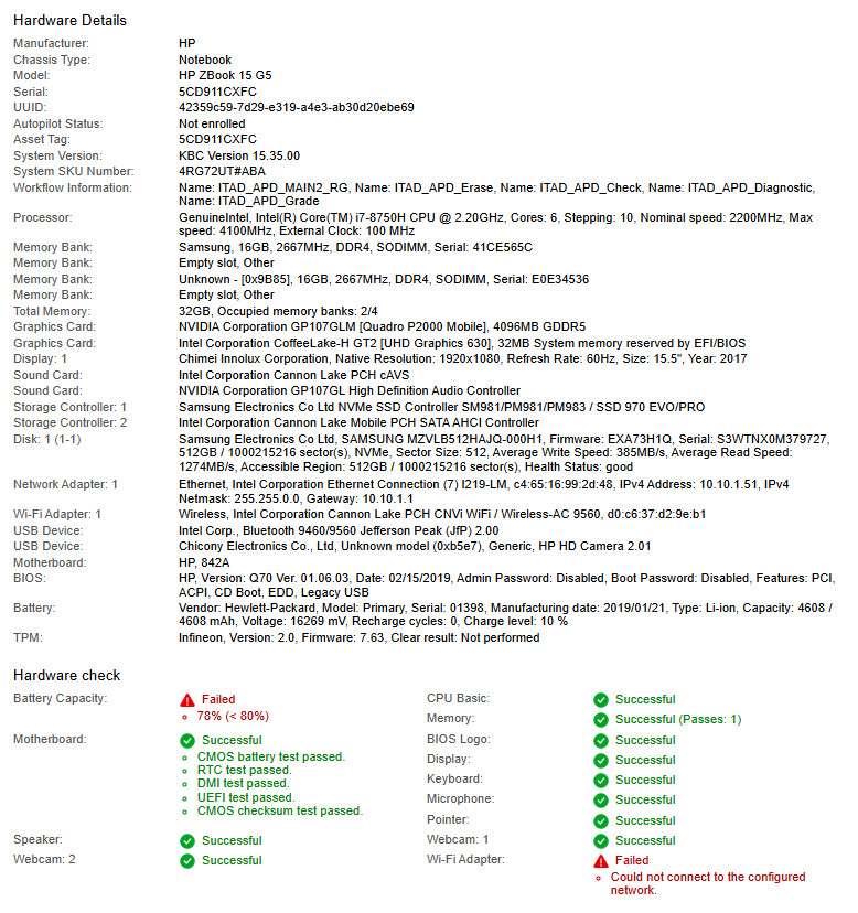 HP ZBook 15 G5, i7-8750H CPU, @ 2.20GHz, 32GB RAM, 512GB NVMe-No OS/AC