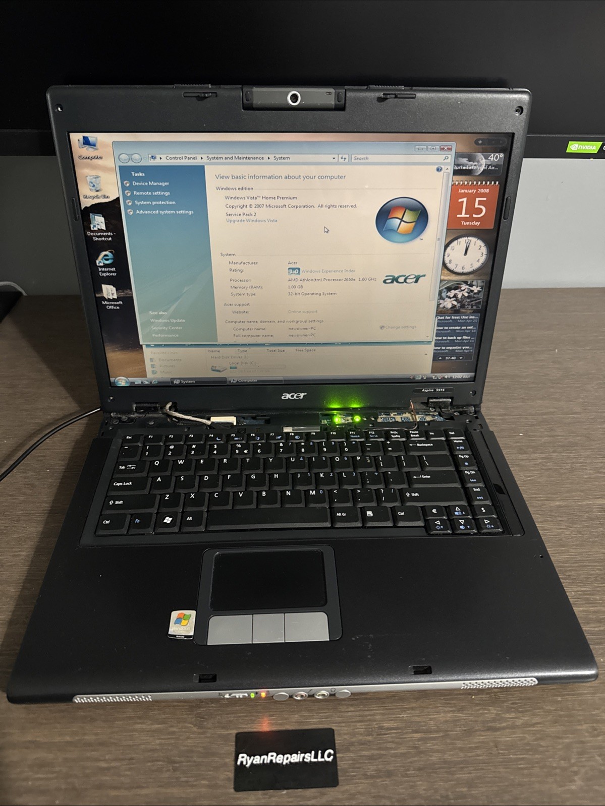 Acer Aspire 5515 15.4″ Laptop AMD 2650e 1.6GHz 1GB RAM 150GB HDD FOR PARTS ONLY