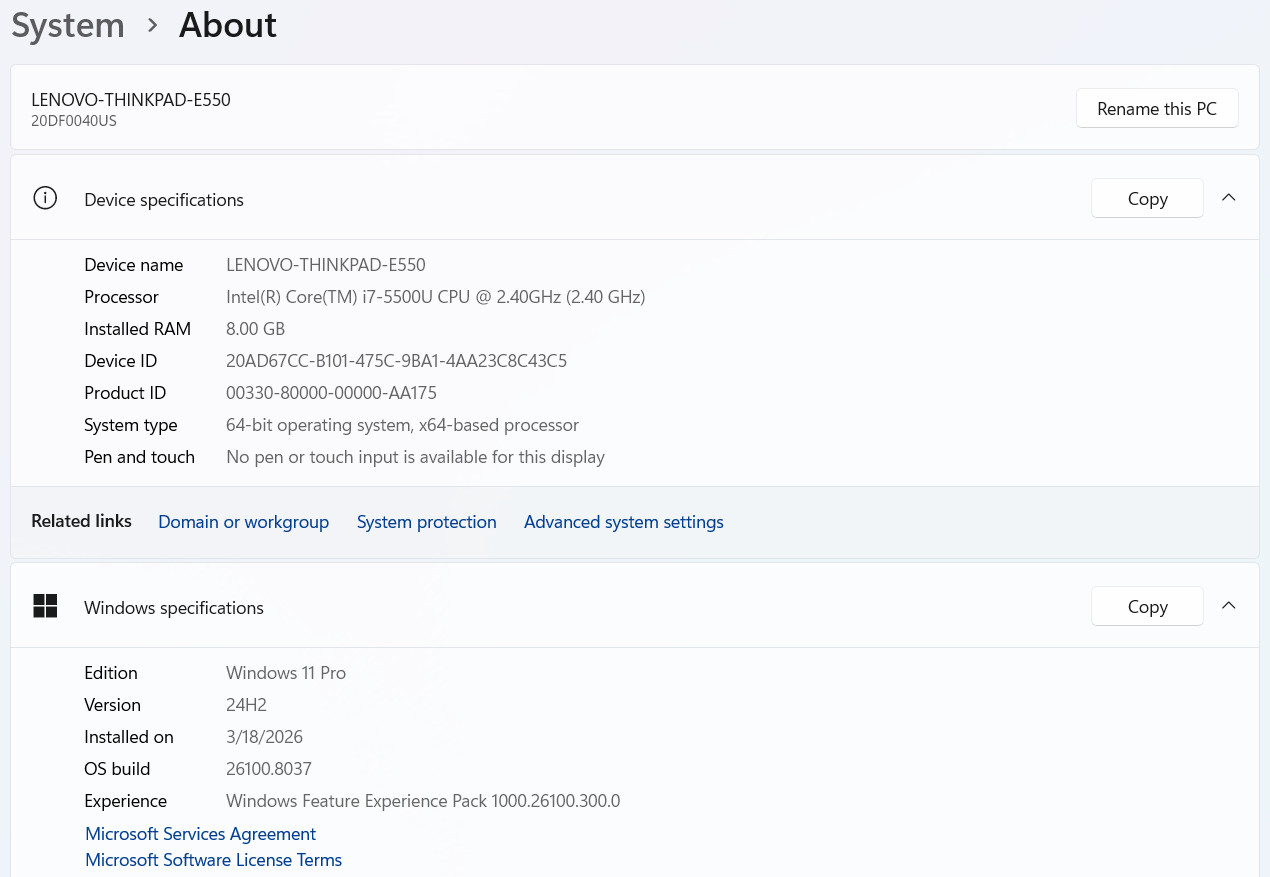 Lenovo ThinkPad E550 i7-5500U 8GB 128GB SSD AMD Radeon R7 M265 2GB GPU Win11 Pro
