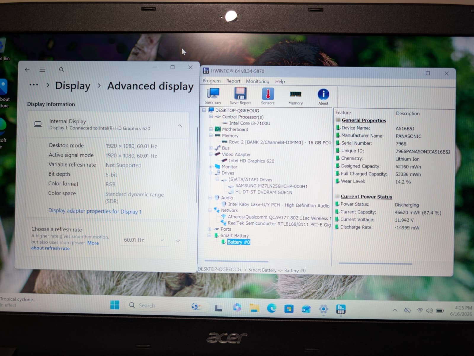 15″ ACER ASPIRE E5-575 | i3-7100U 16GB RAM 256GB SSD | FHD Backlit | Win 11 DVD