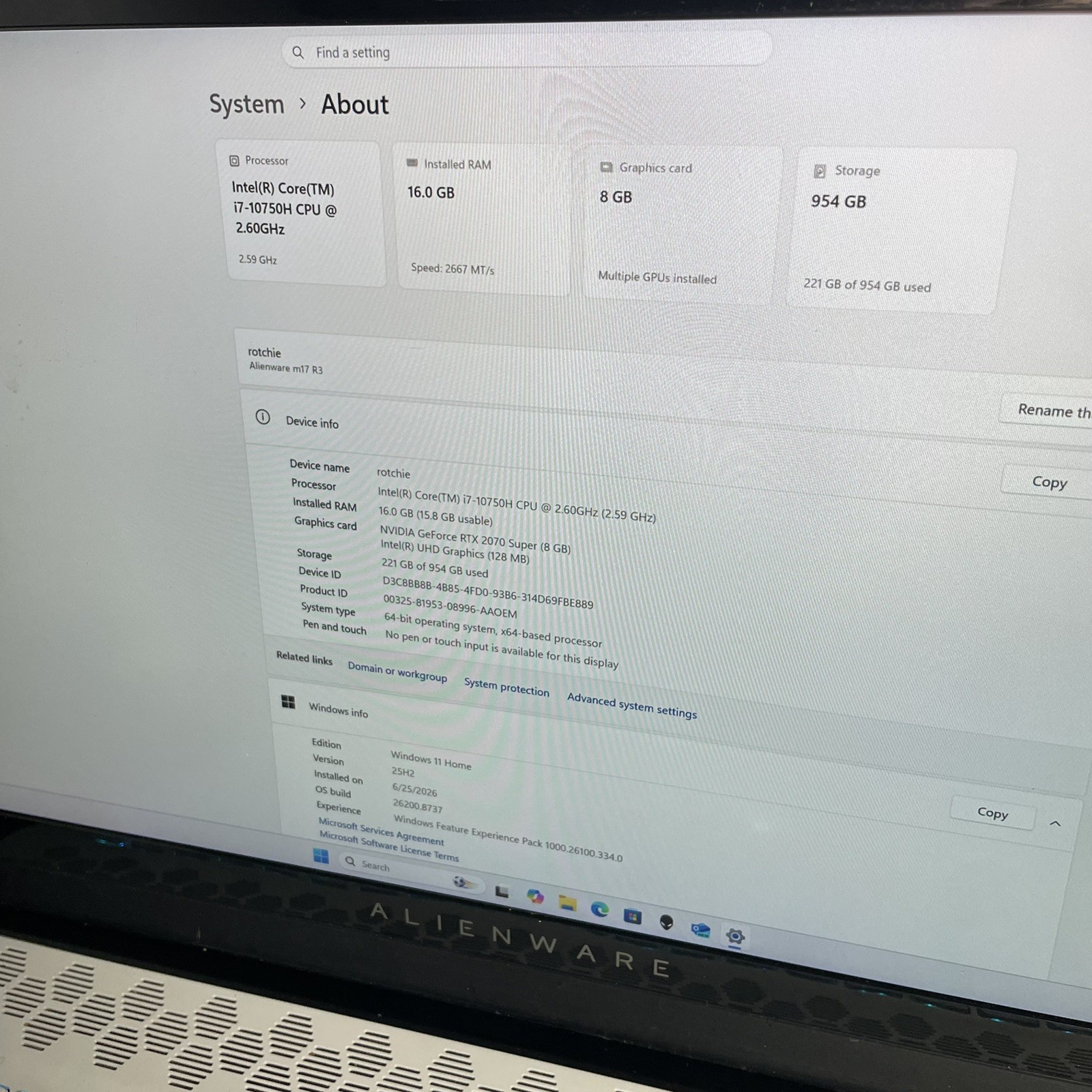 Alienware m17 R3 Gaming Laptop 300Hz RTX 2070 1TB SSD Super 16GB RAM i7-10750H