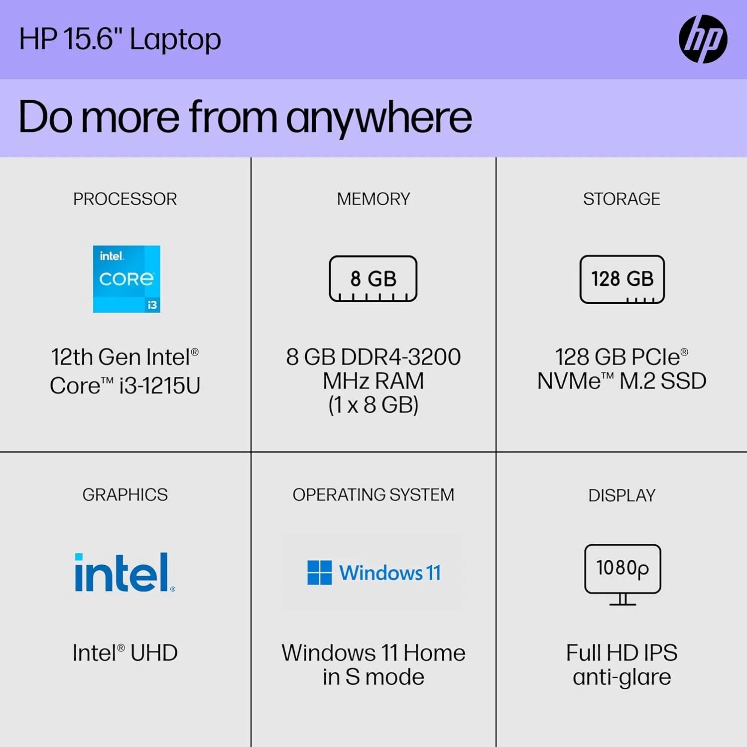 HP 15 inch Laptop Full HD Intel i3-1215U 8GB 128GB Windows 11 Home in S Mode
