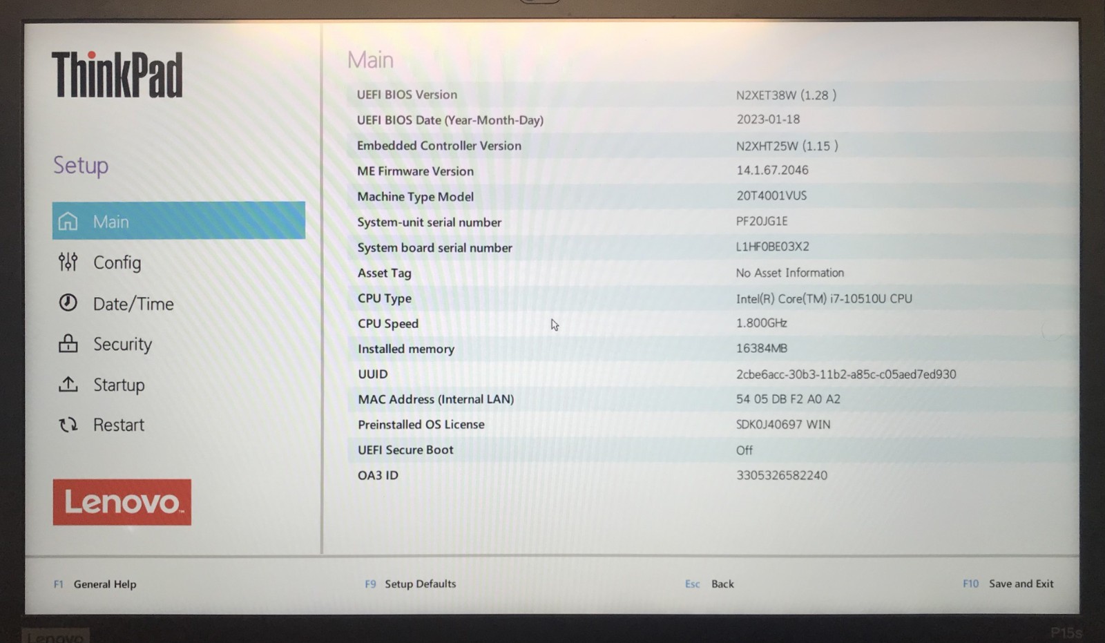 Lenovo ThinkPad P15s Gen 1 15.6″ i7-10510U 16GB RAM, No Storage, Boots to BIOS
