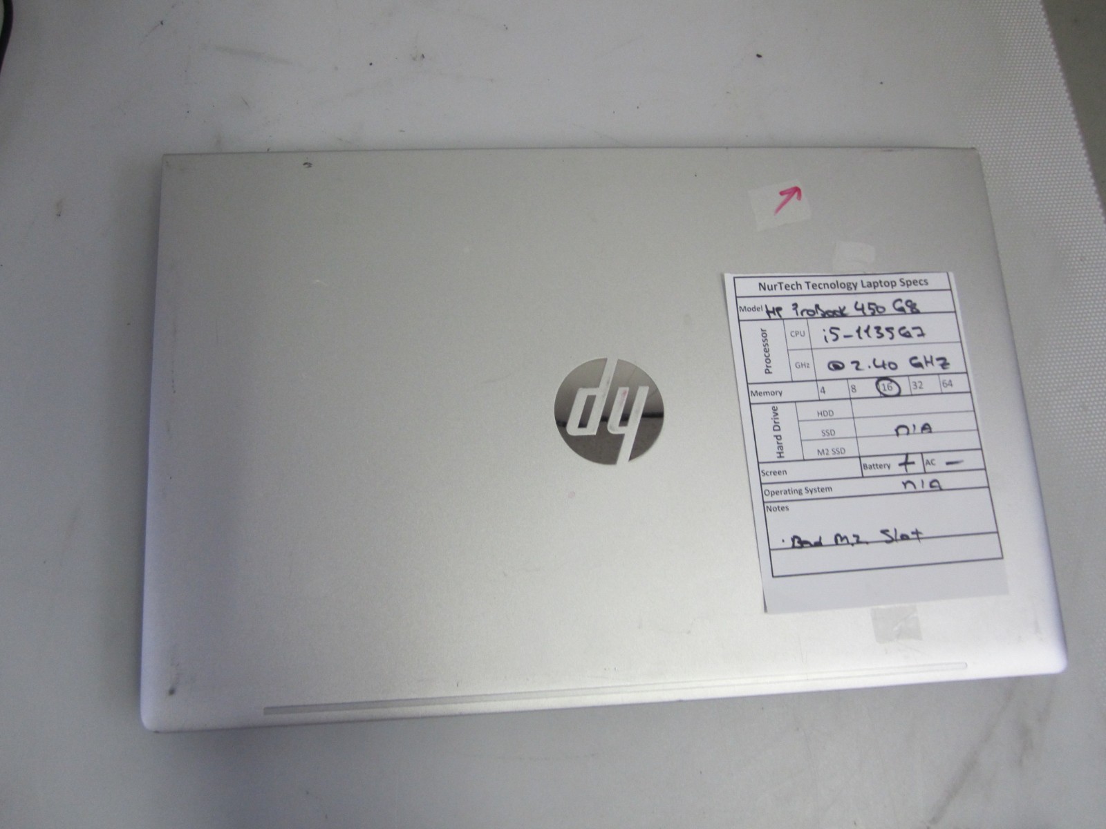 HP ProBook 450 G8 i5-1135G7 2.40GHz 16GB NO HDD/AC/BTRY/OS BAD M2 SLOT