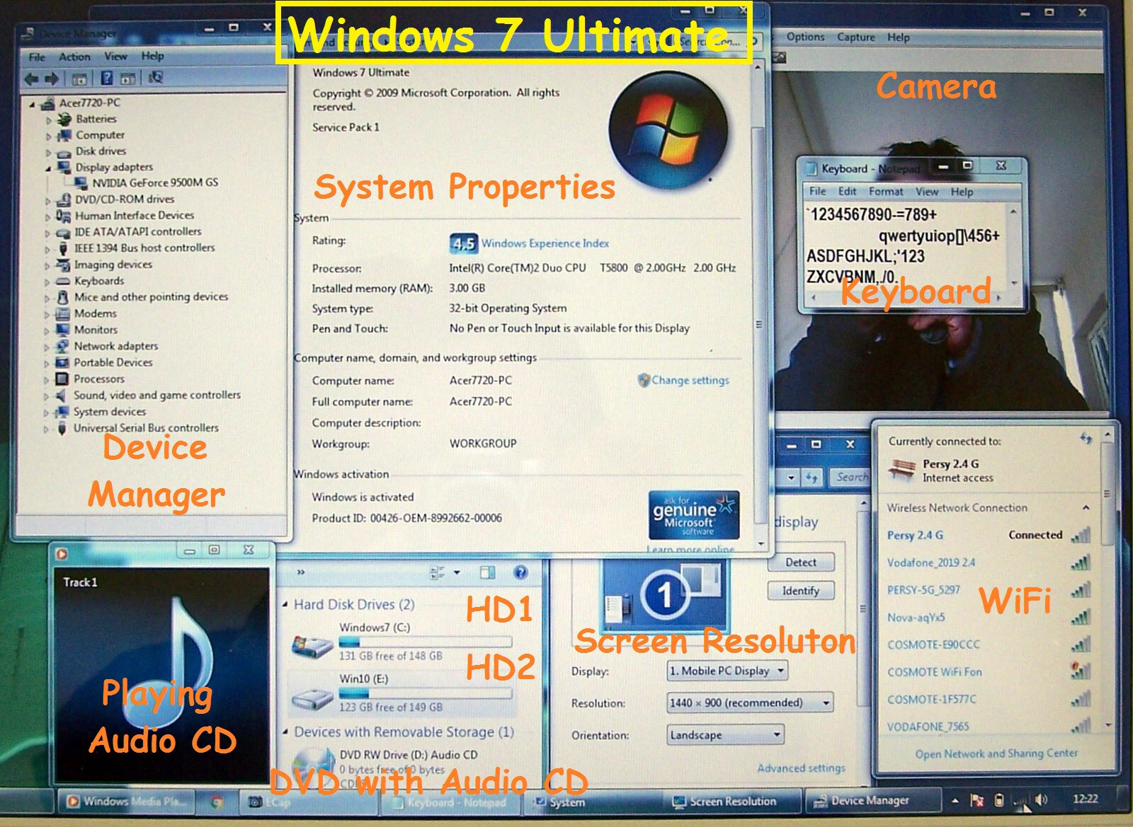 Acer Aspire 7720 17” Intel 2 core 2.0GHz 3GB Ram 2x160GB HD nVidia 9500 Win 10&7