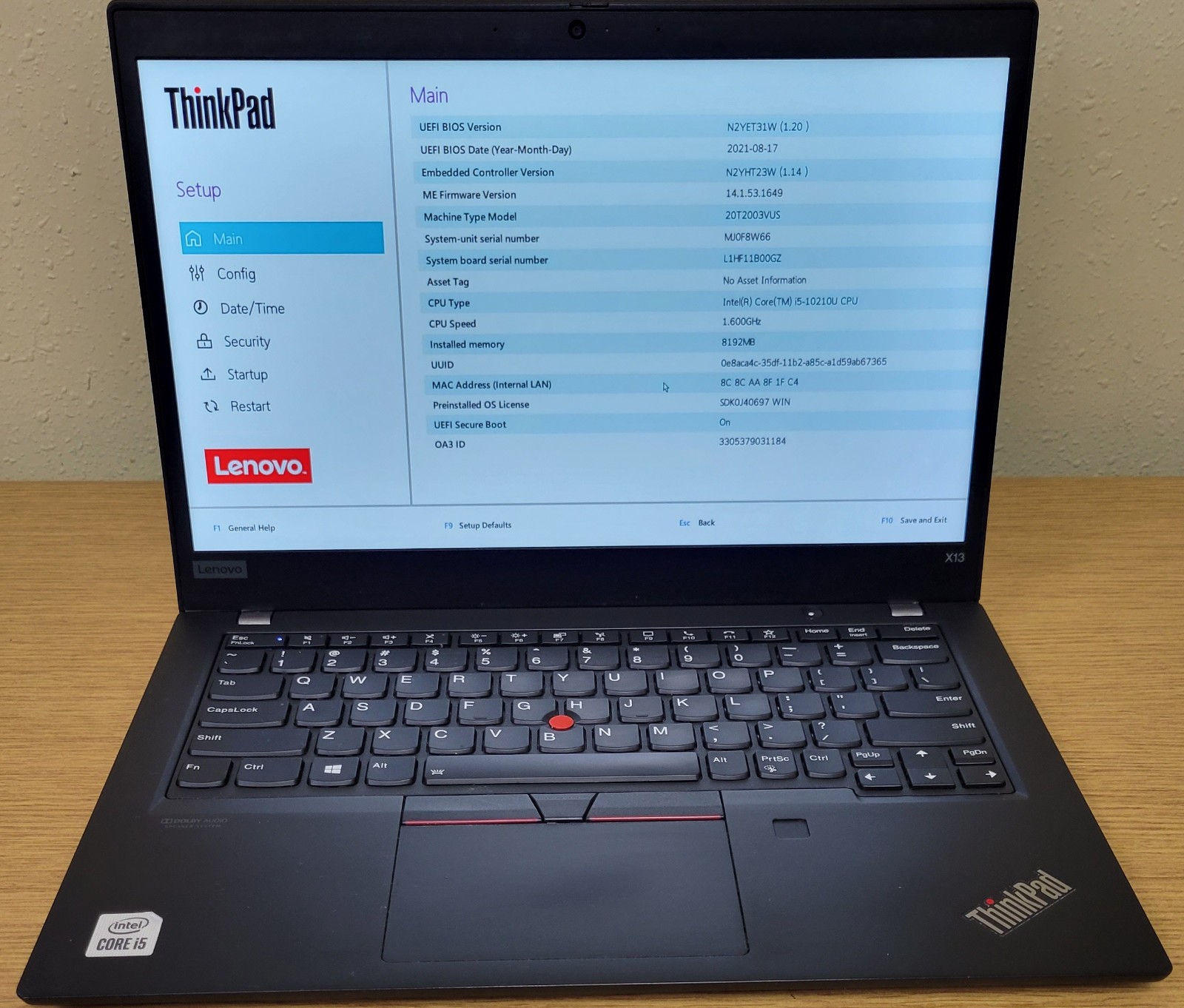 Lenovo ThinkPad X13 Gen1 i5-10210U 1.60GHz 8GB 256GB NVMe No OS