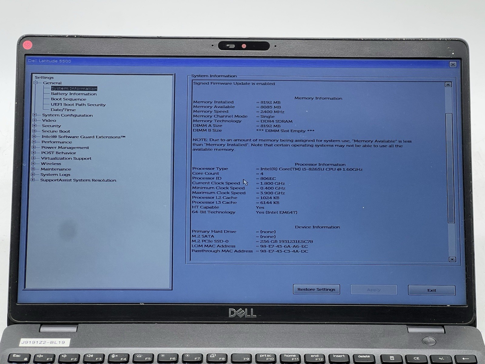 Dell Latitude 5500, i5-8265U, @ 1.60GHz, 8GB RAM, 256GB NVMe, No OS , w/Charger