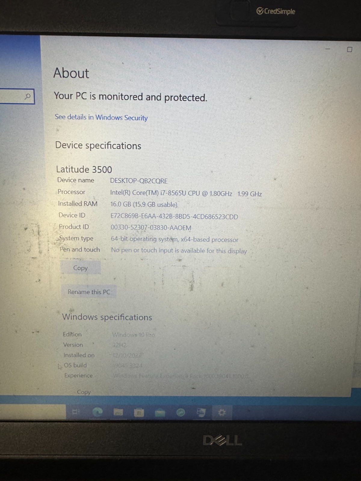 DELL Latitude 3500 Core i7-8565U, 16GB RAM, 256GB SSD, Win10 PRO #4691