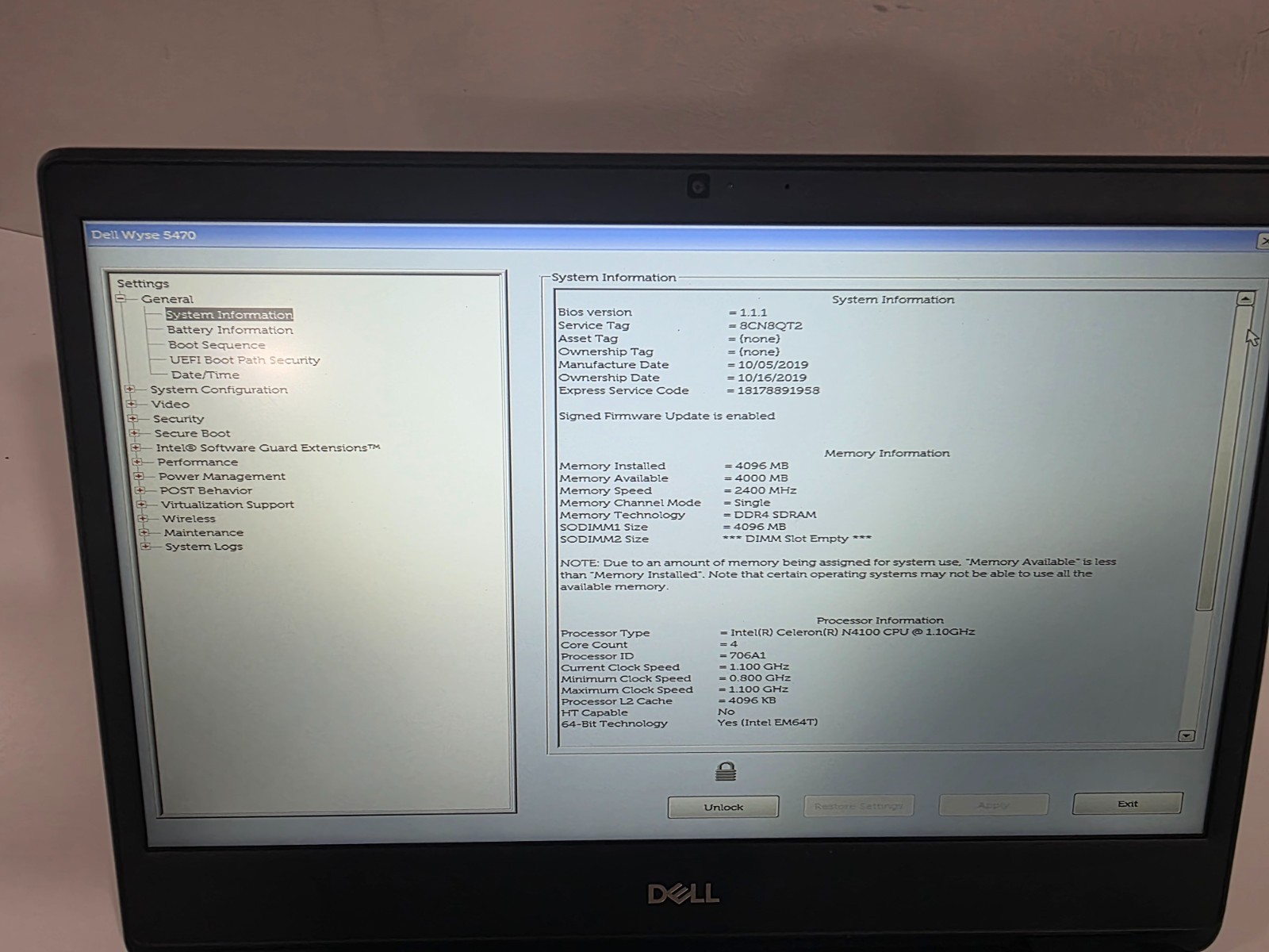 Dell Wyse 5470 Celeron 4GB 16GB Linux Mint Webcam Bluetooth