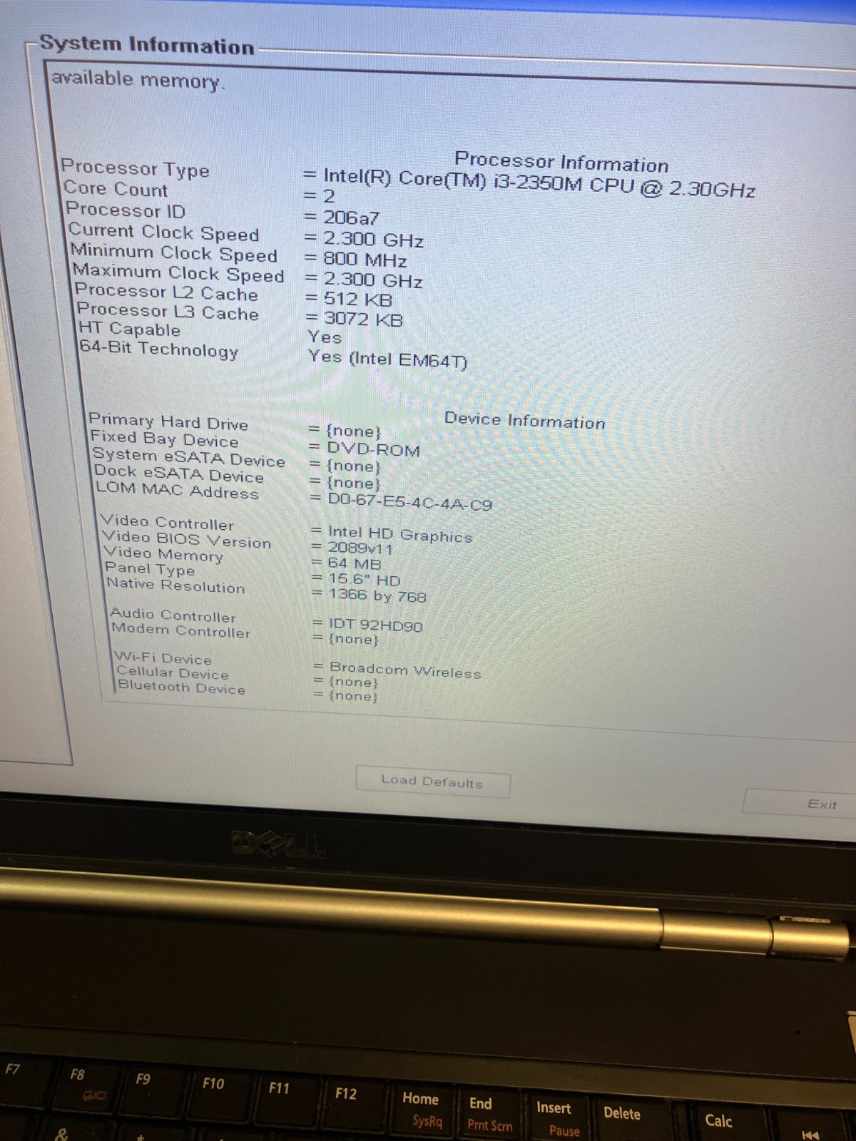 DELL LATITUDE E5520 Laptop i3-2350M + 4 GB No HD/Battery FOR PARTS