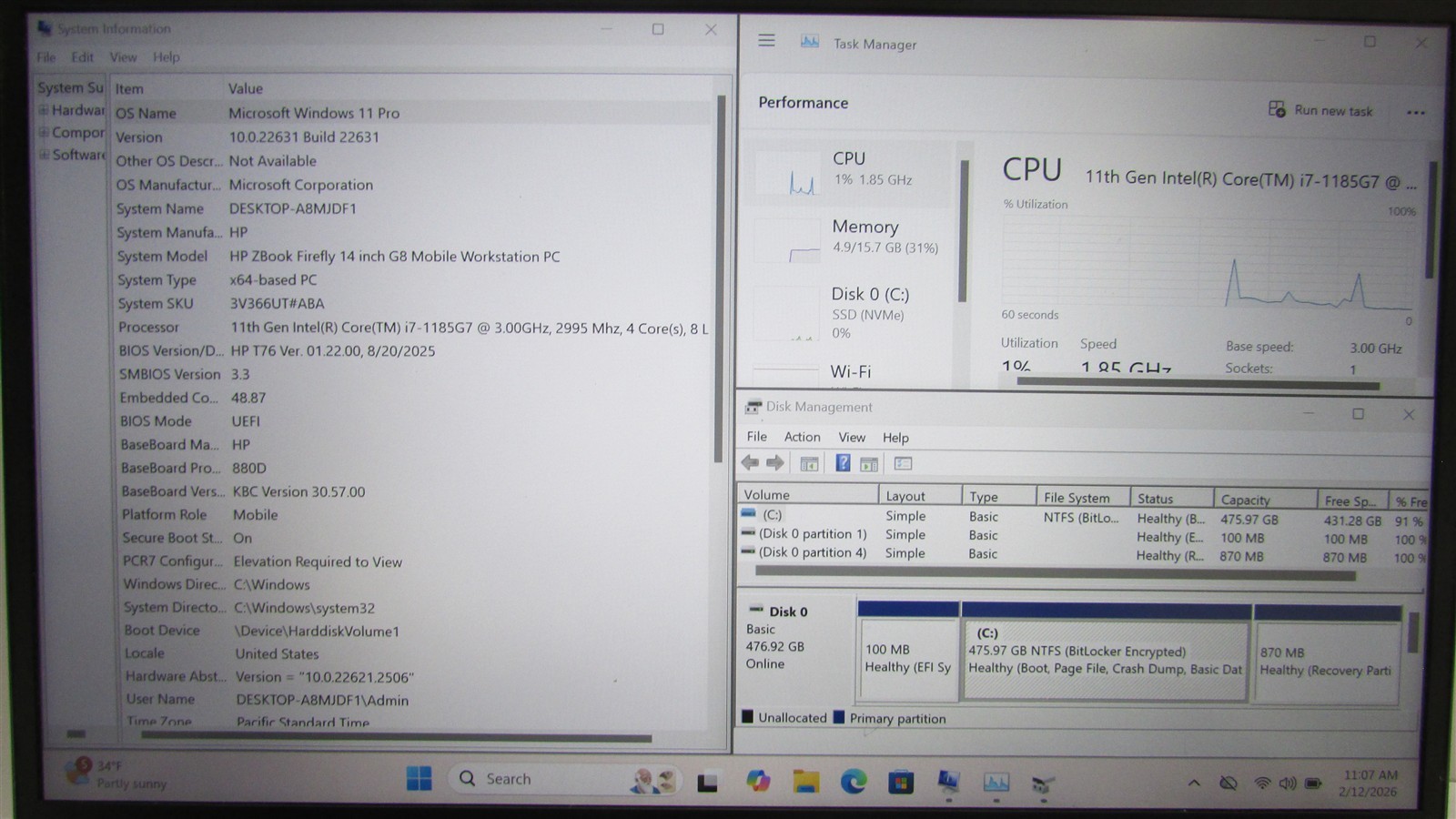 HP ZBook Firefly 14 G8 i7-1185G7 3.0GHz 16GB 512GB NVME 14″ W11 Pro MISS KEY/DMG