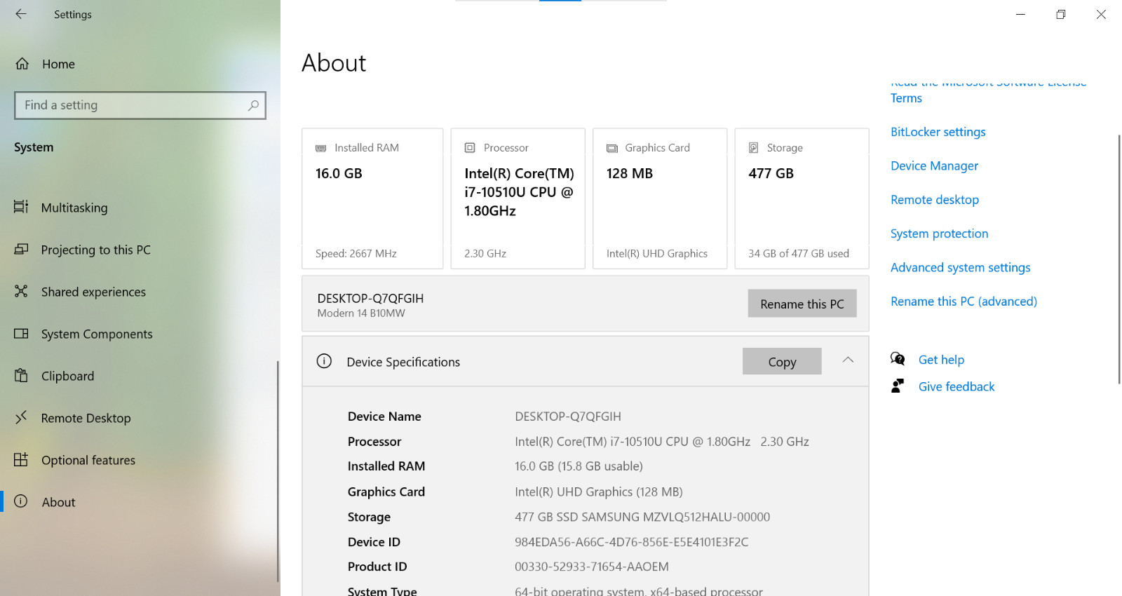 MSI Modern 14 B10MW i7-10510U 512GB SSD 16GB RAM W10 As Is Bad Bat. AO4079750
