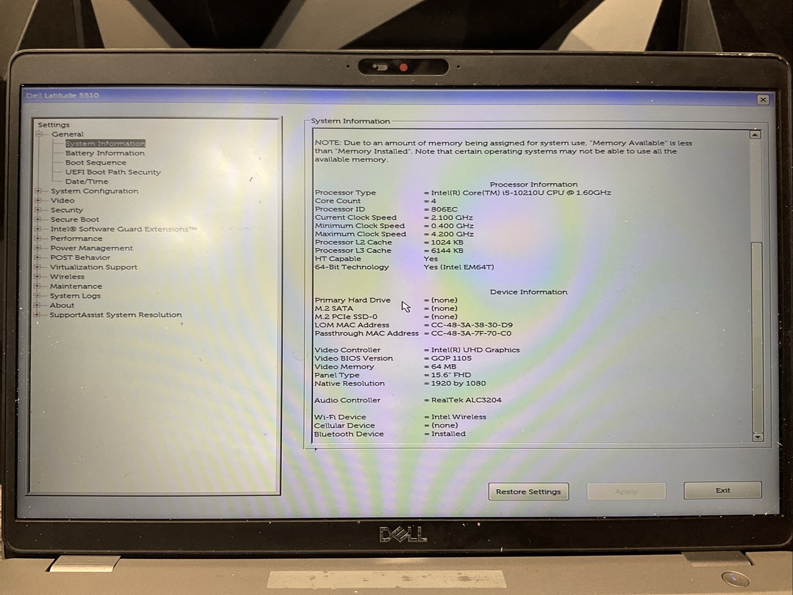 Latitude 5510 / i5 10th / No RAM Laptop Notebook PC / C5