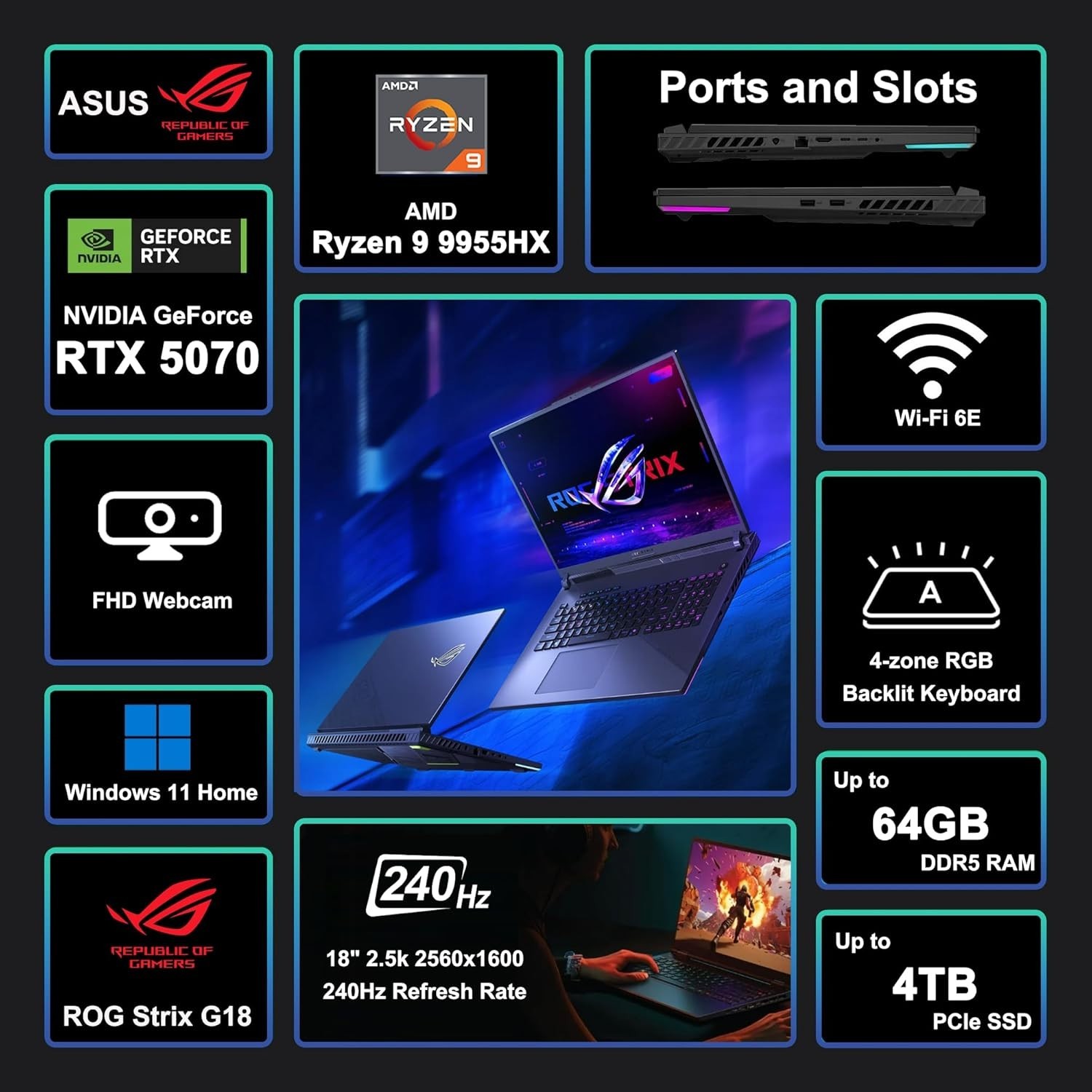 NEW ASUS ROG Strix G18 18″ 2.5K 240MHz, RTX 5070 ,Ryzen 9-8940HX, 64GB,1TB