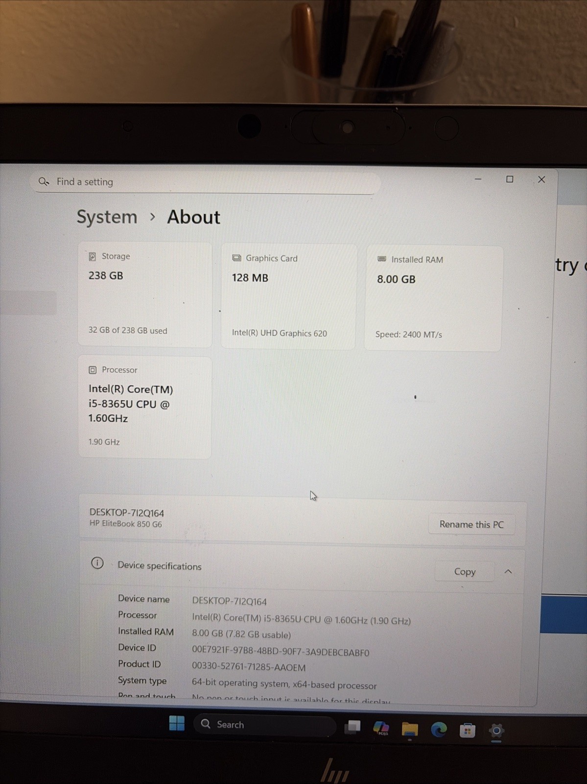 HP EliteBook 850 G6 15.6″ | i5-8365U 1.60GHz | 8GB RAM | 250GB SSD | Win 11 Pro