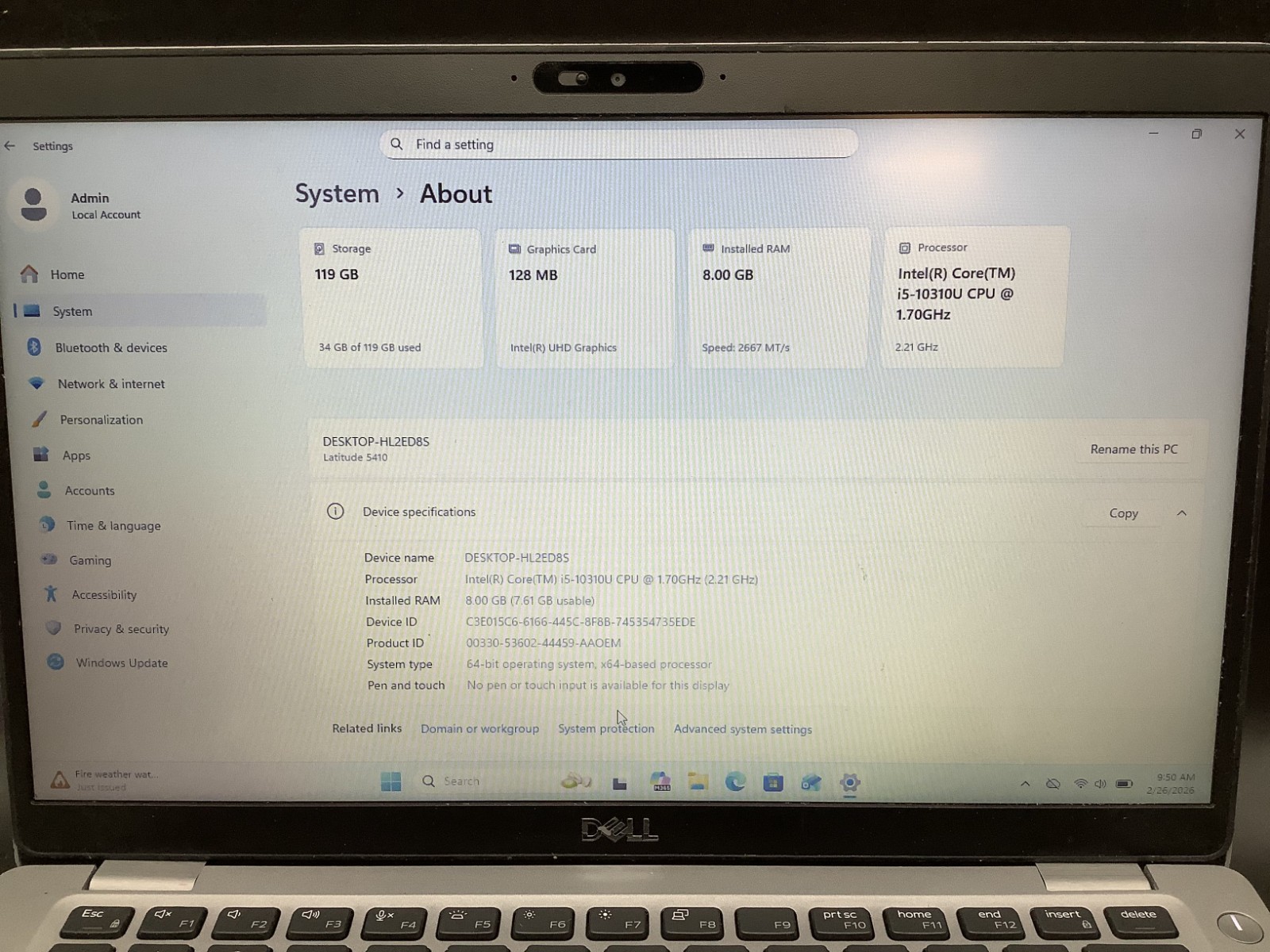 Dell Latitude 5410 14″ i5-10310U @ 1.70 GHz 8GB RAM 128GB SSD Windows 11 Read