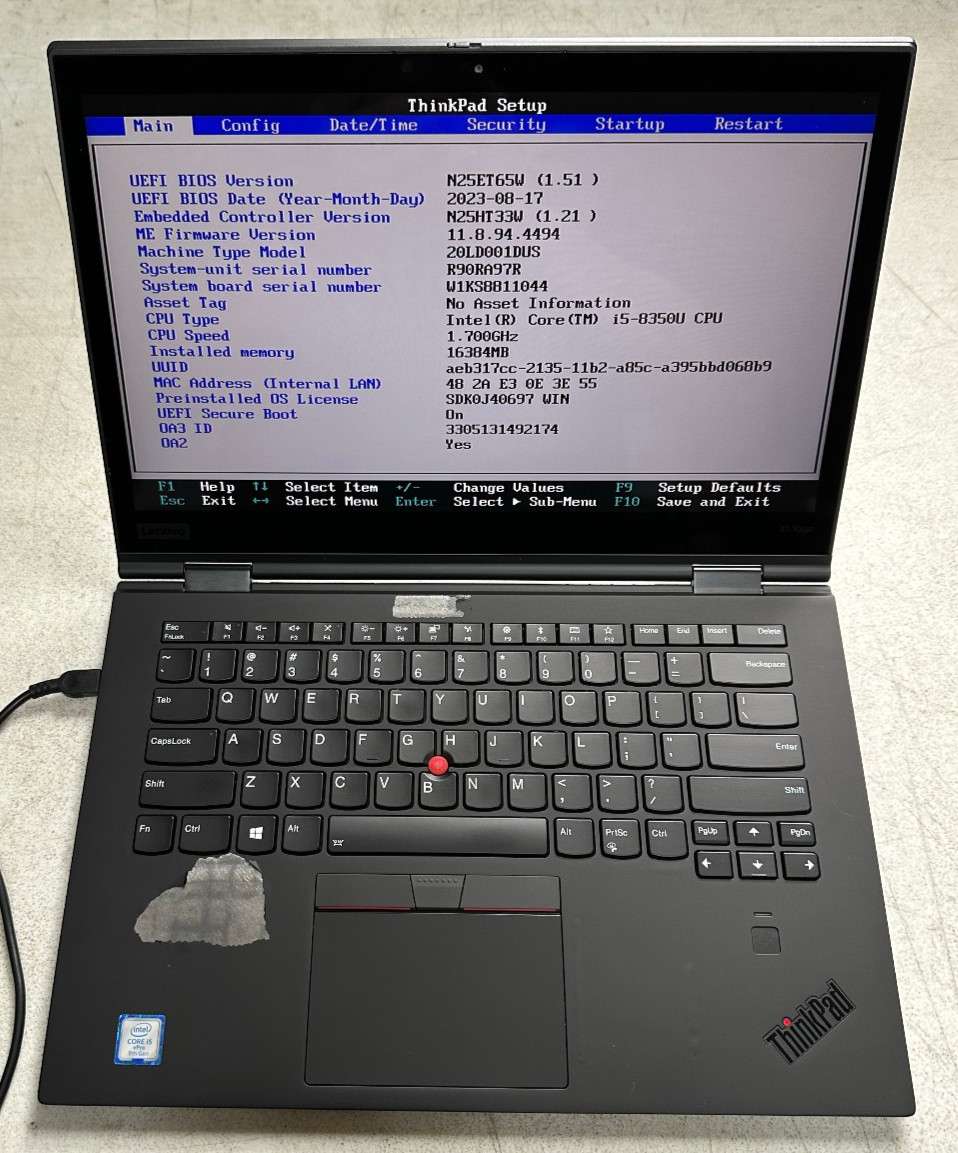 Lenovo ThinkPad X1 Yoga 3rd Gen (i5-8350U, 16GB RAM, Boot to Bio) NO SSD/ADAPTER