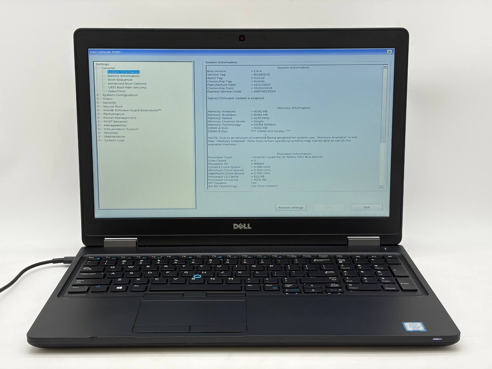 Dell Latitude 5580 i5-7300HQ@2.5GHz 8GB RAM 256GB SSD w/Battery Win 10Pro GradeB
