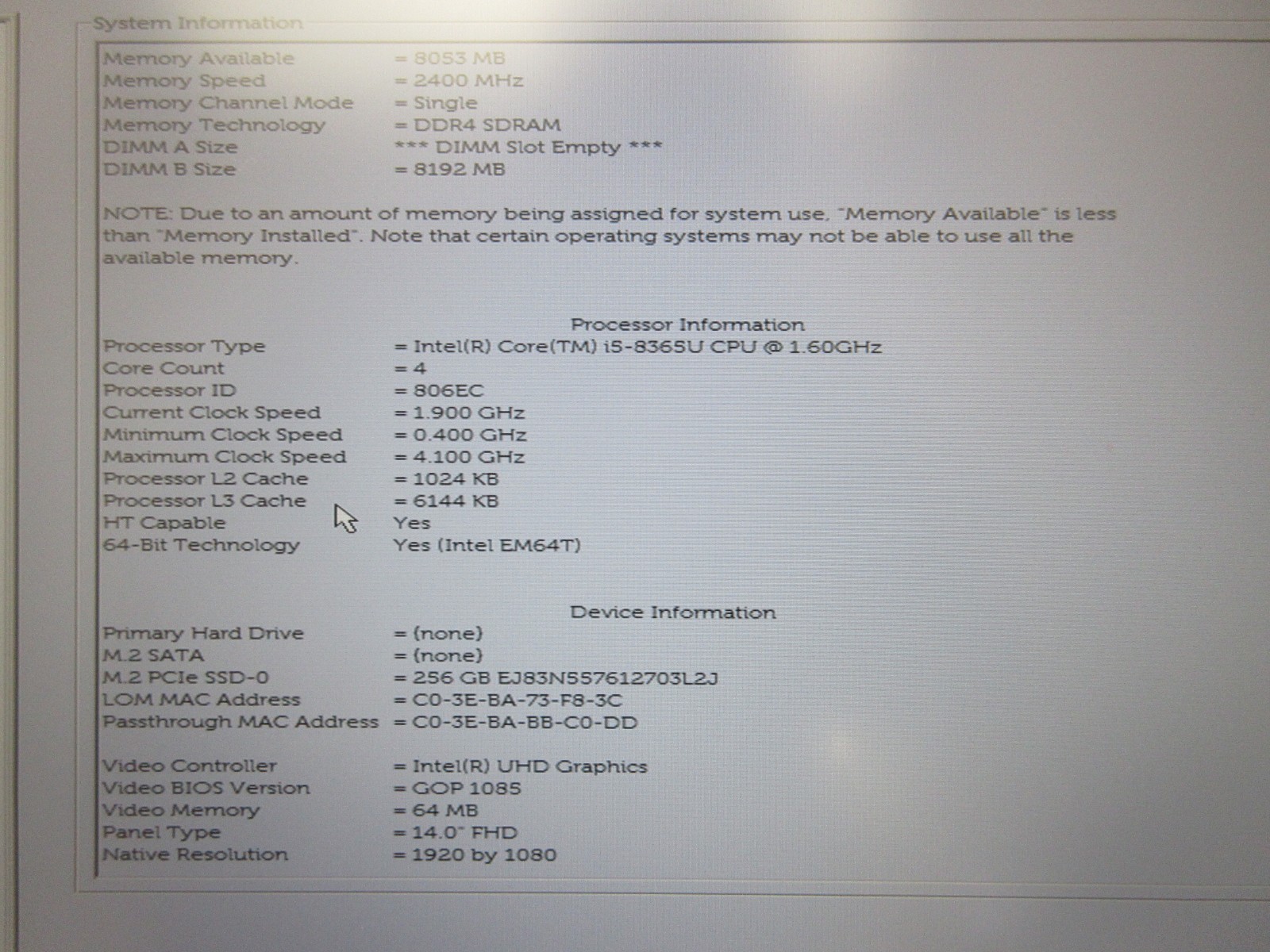 Dell Latitude 5400 14″ : i5-8365U 2.6GHz : 8GB RAM : 256GB SSD : Grade B