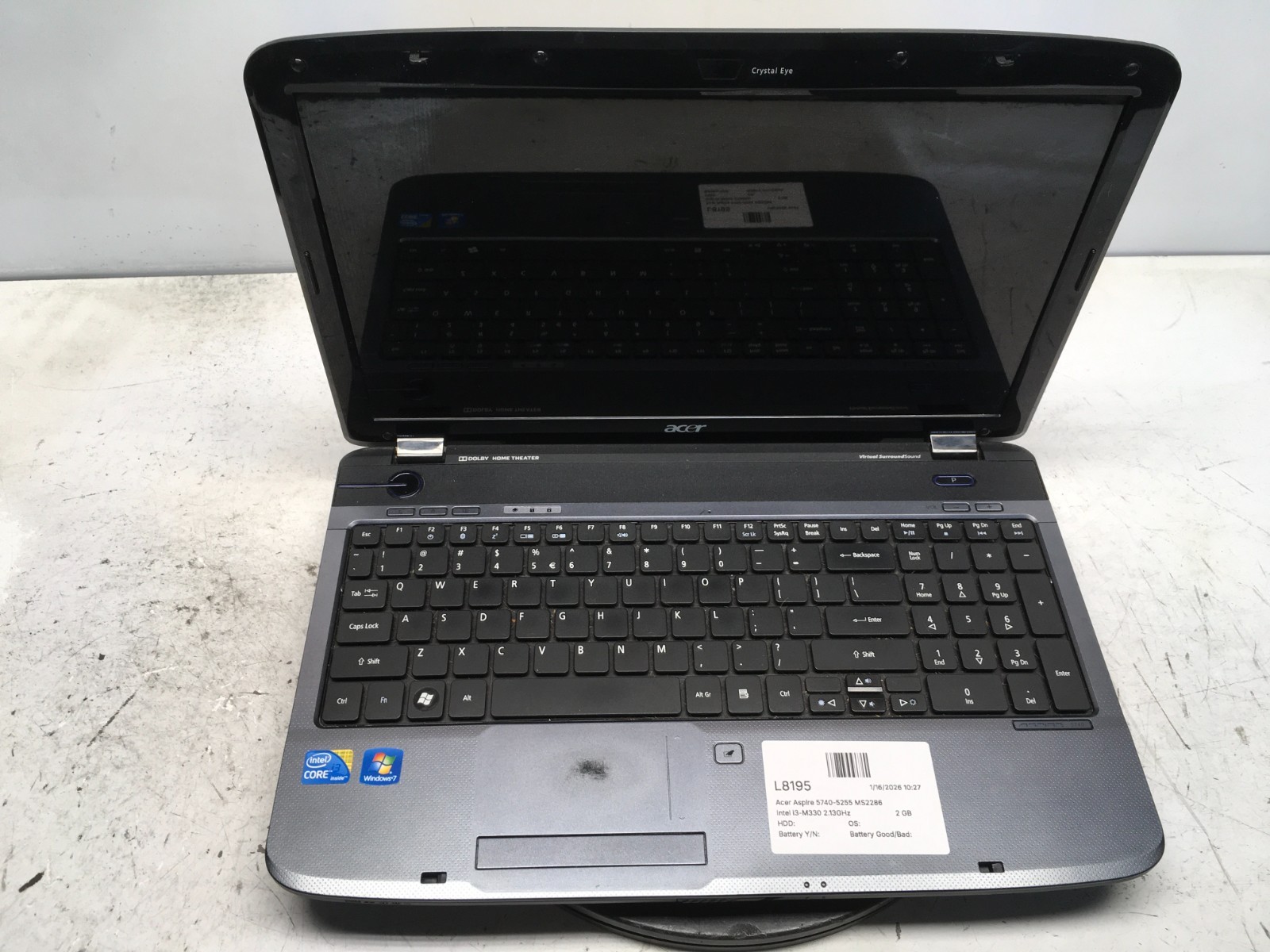 Acer Aspire 5740-5255 MS2286 Intel i3-M330 2.13GHz 2 GB NO HDD