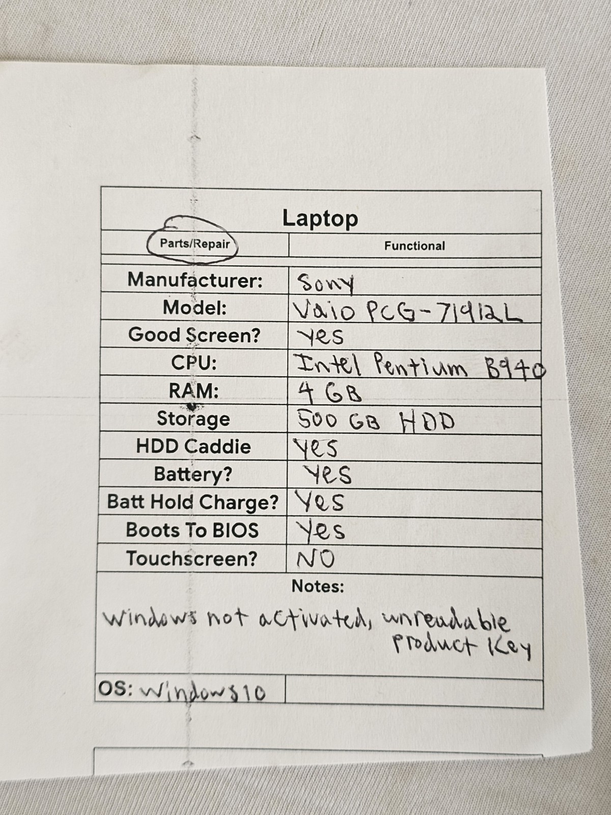 Sony Vaio PCG-71912L Laptop – Intel Pentium B940 – 4GB RAM – 500GB HDD – READ