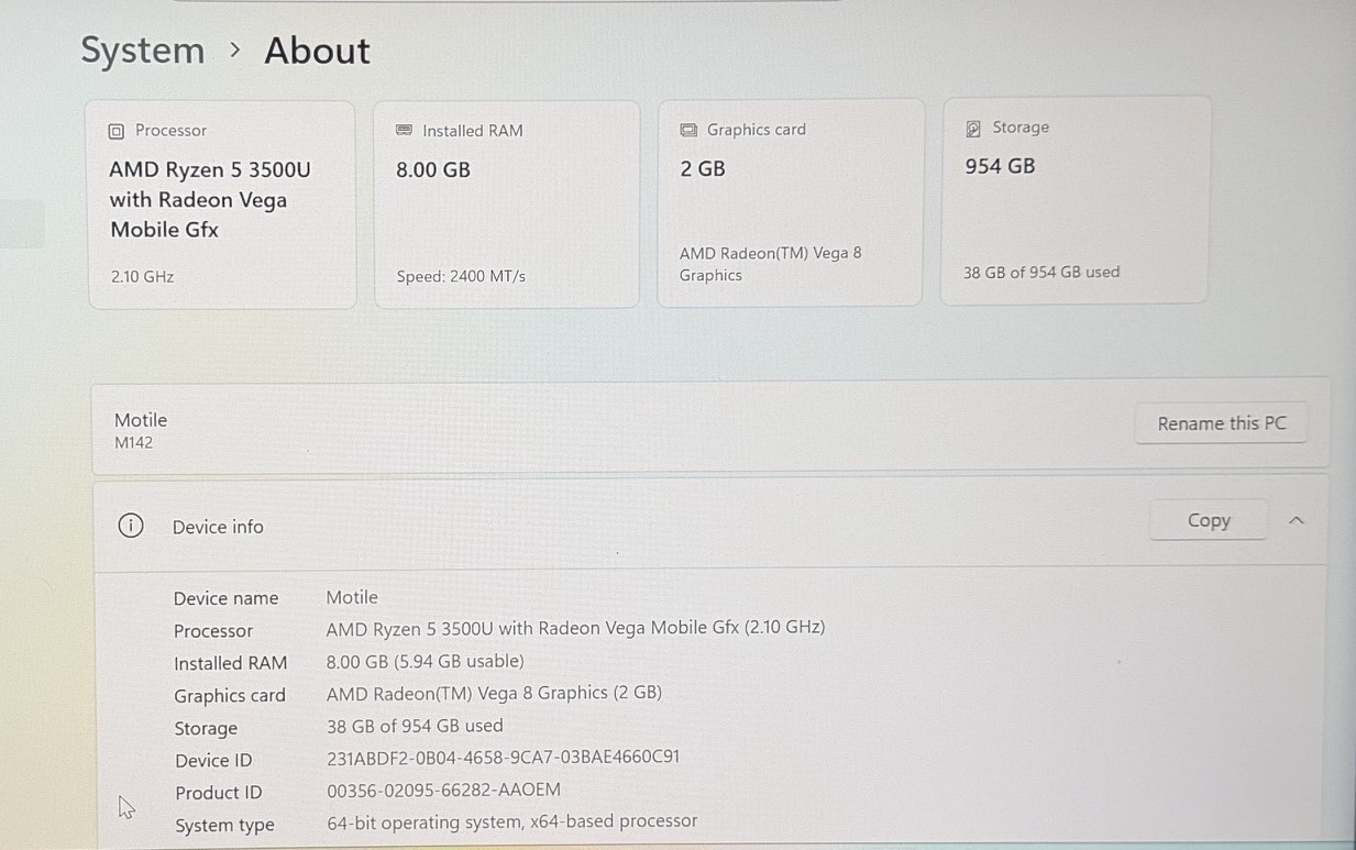 Motile M142 14 inch: AMD Ryzen 5 (3500U), 8GB, upgraded 1 TB M.2 drive