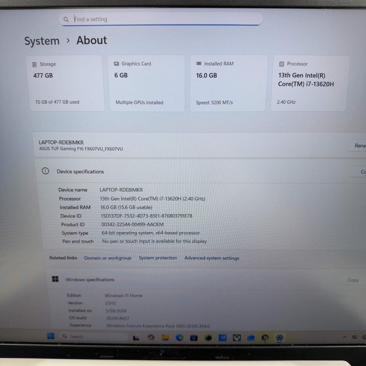 Asus TUF F16 FX607VU 16″ i7-13620H 2.4GHz 16GB RAM 512GB SSD GeForce RTX 4050