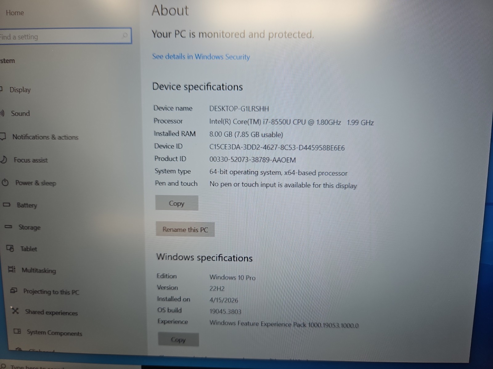 HP EliteBook 850 G5 15.6” Core i7-8550U 1.8GHz 8GB 256GB SSD Win 10 Pro