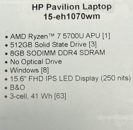 HP Pavilion 15-eh1070wm 15.6″ (512GB SSD, Ryzen 7 5700U, 1.8 GHz, 8GB RAM)…