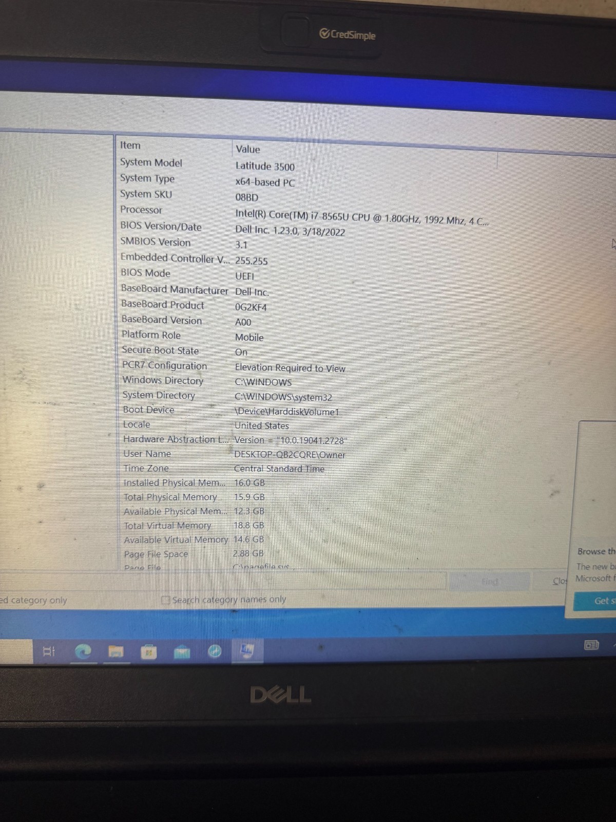 DELL Latitude 3500 Core i7-8565U, 16GB RAM, 256GB SSD, Win10 PRO #4691