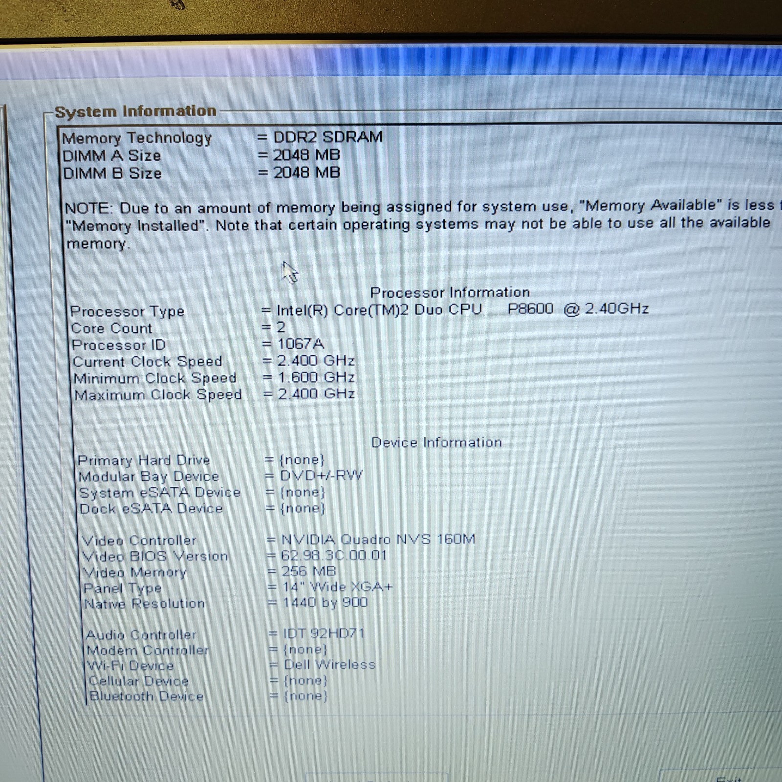 Dell Latitude E6400 Vintage Laptop Core 2 Duo P8600 4GB RAM NVIDIA NVS 160M GPU