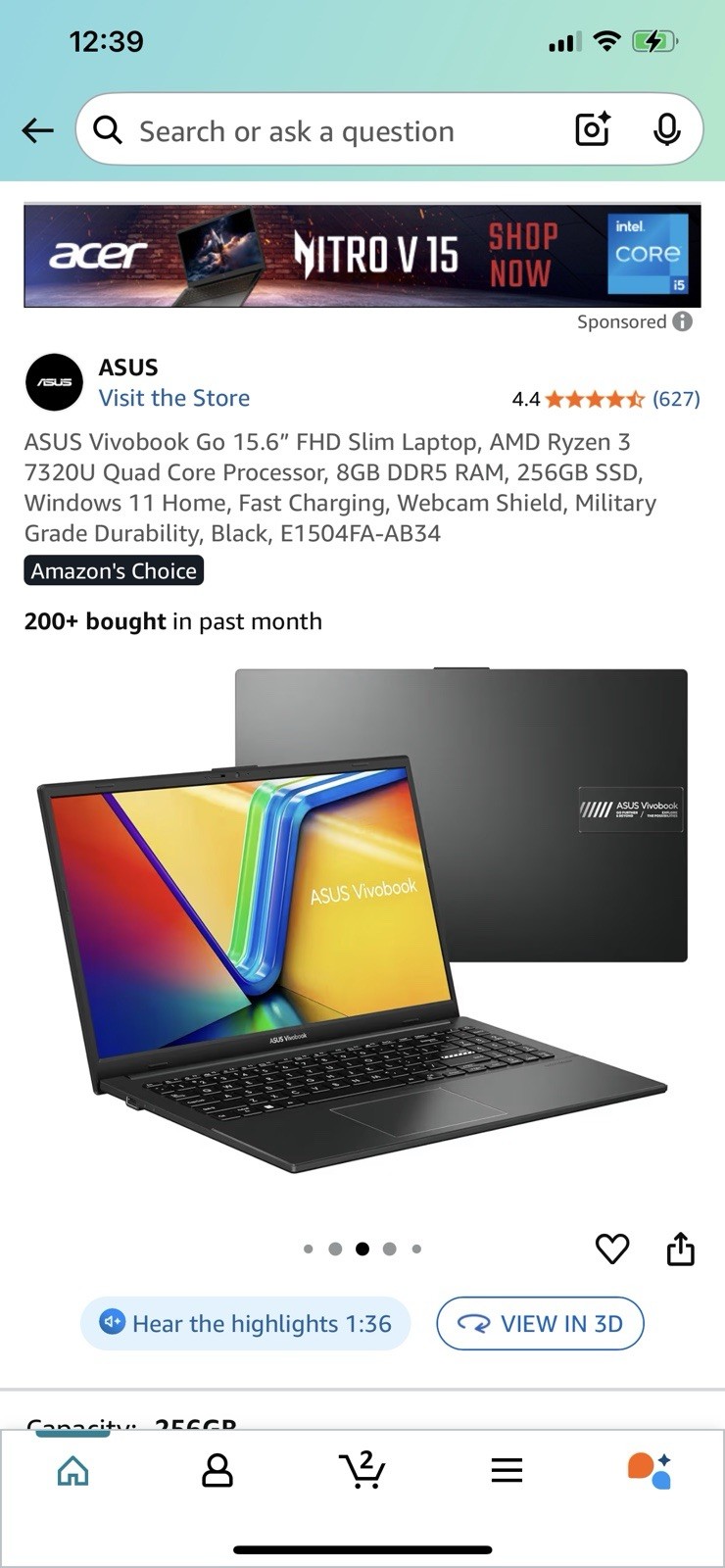 ASUS Vivobook Go 15.6” FHD Slim Laptop, AMD Ryzen 3 7320U