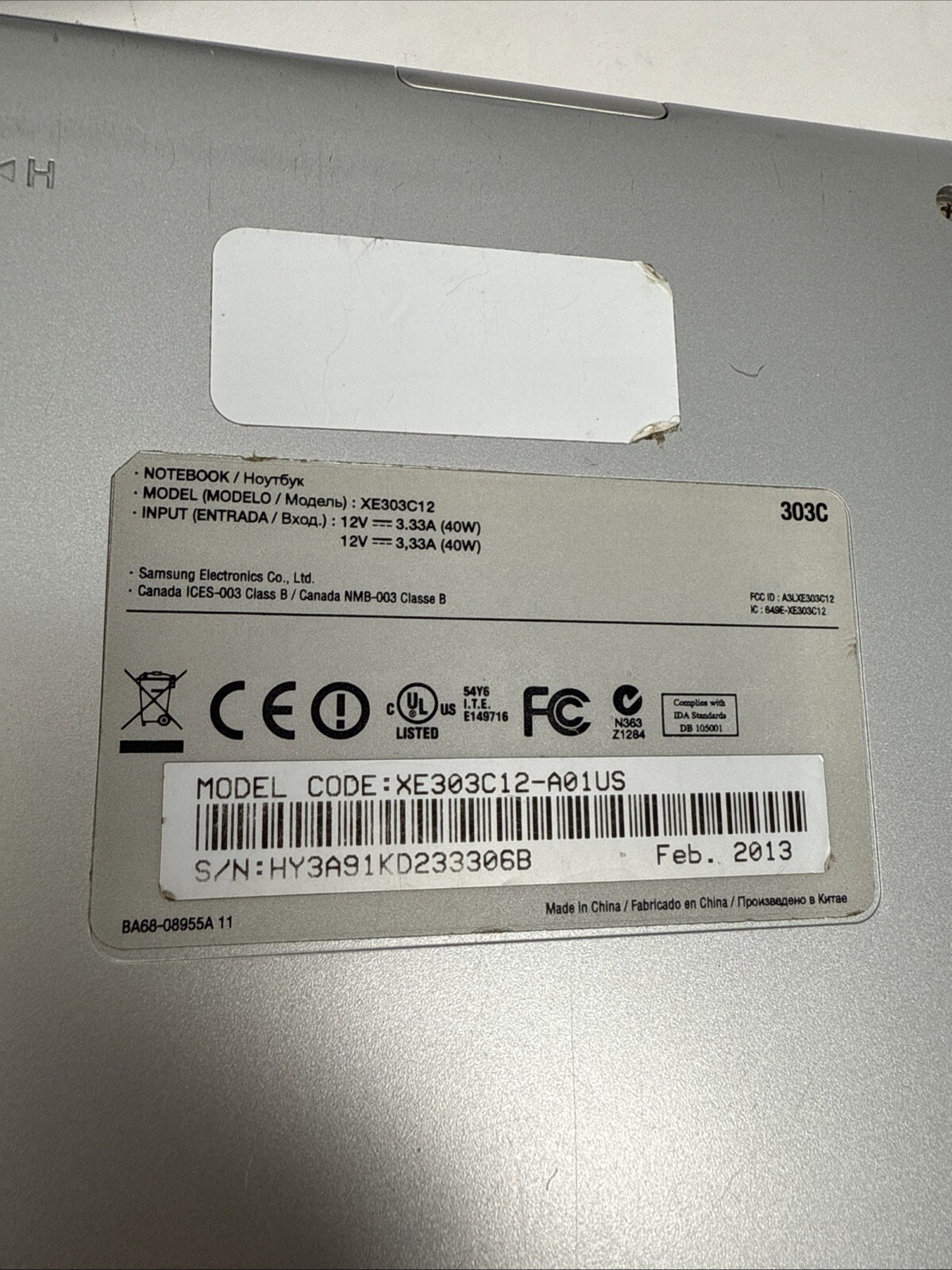 Samsung Chrome Notebook Model XE303C12 + PS – For Parts – Bad Display – AS IS