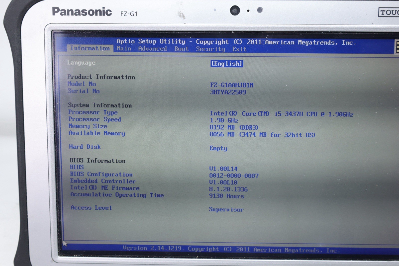 Panasonic ToughPad FZ-G1 10.1″ Intel i5-3437U 1.9GHz 8GB RAM – NO HDD, OS, Cords