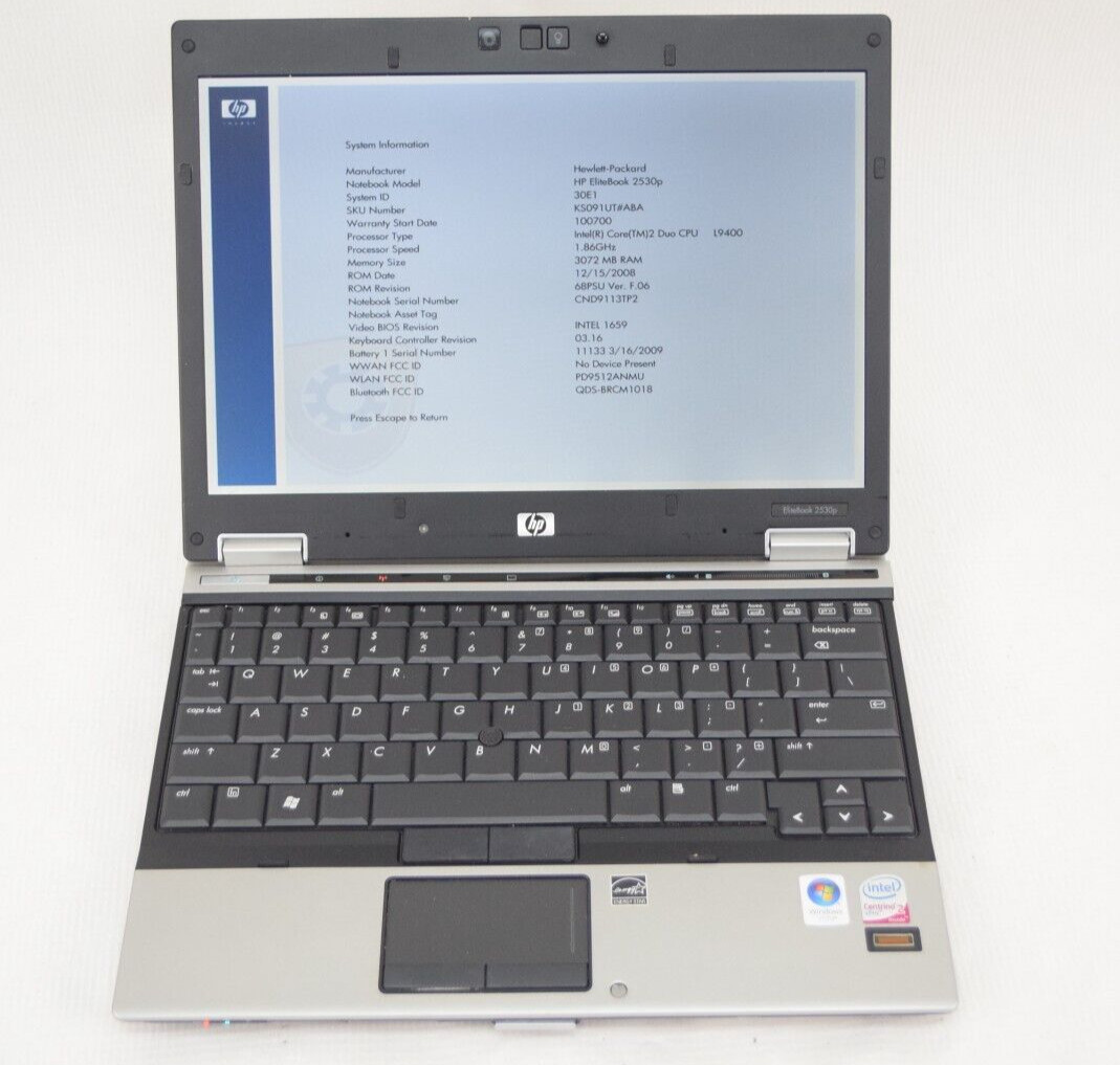 HP 2530P 12″ Laptop Intel Core 2 Duo 1.86GHz 3GB RAM NO OS or Hard Drive
